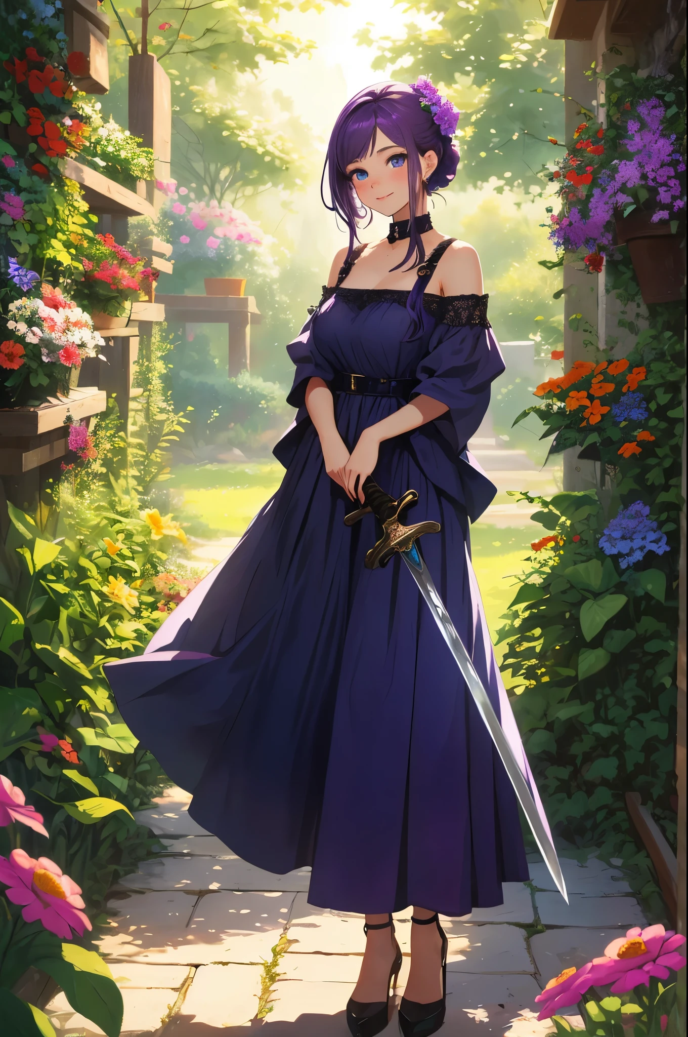 abigail, girl, purple hair, blue eyes, freckles, friendly smile, purple dress, standing in a beautiful garden surrounded by colorful flowers and trees, holding a big sword, surrounded by butterflies and birds, enjoying the sunshine. The scene is rendered in a vivid and anime style, with a touch of fantasy. The colors are vibrant and the lighting is warm and soft, giving the image a dreamy atmosphere. The quality of the image is excellent, with high-resolution details and sharp focus. The artwork is done in a painterly style, with fine brushstrokes and a textured surface, resembling an oil painting. The overall color tone is rich and vibrant, with a mix of warm and cool tones. The image exudes a sense of peace and joy, capturing the essence of Abigail's character in Stardew Valley.