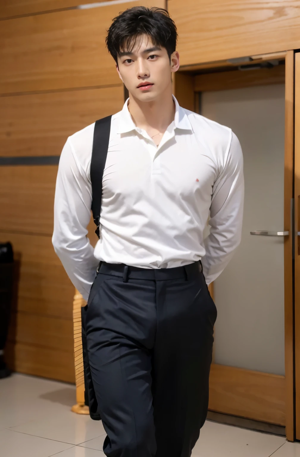 1 handsome Asian guy,27岁policeman,arafed male police official in walking down a hallway, , wearing a police uniform, official, police uniform, police official, in black , !!, full outfit: , jk , majestic,Who is Shi Yu?, Li Yuanbin, Kim Hyung Tae, Kim Hyung Tae, Yin Shishan, Handsome Asian muscular guy,Broad shoulders and narrow waist,One was wearing a police uniform:Handsome guy from the police,Form-fitting fabric contours the bust,in a remote warehouse,hands tied behind back,Hands tied behind the back,hands tied behind back,Masculine and sexy,High,Muscles look good,hairy body,Wheat complexion,black eyes(thin eyes 1:3),whole body image