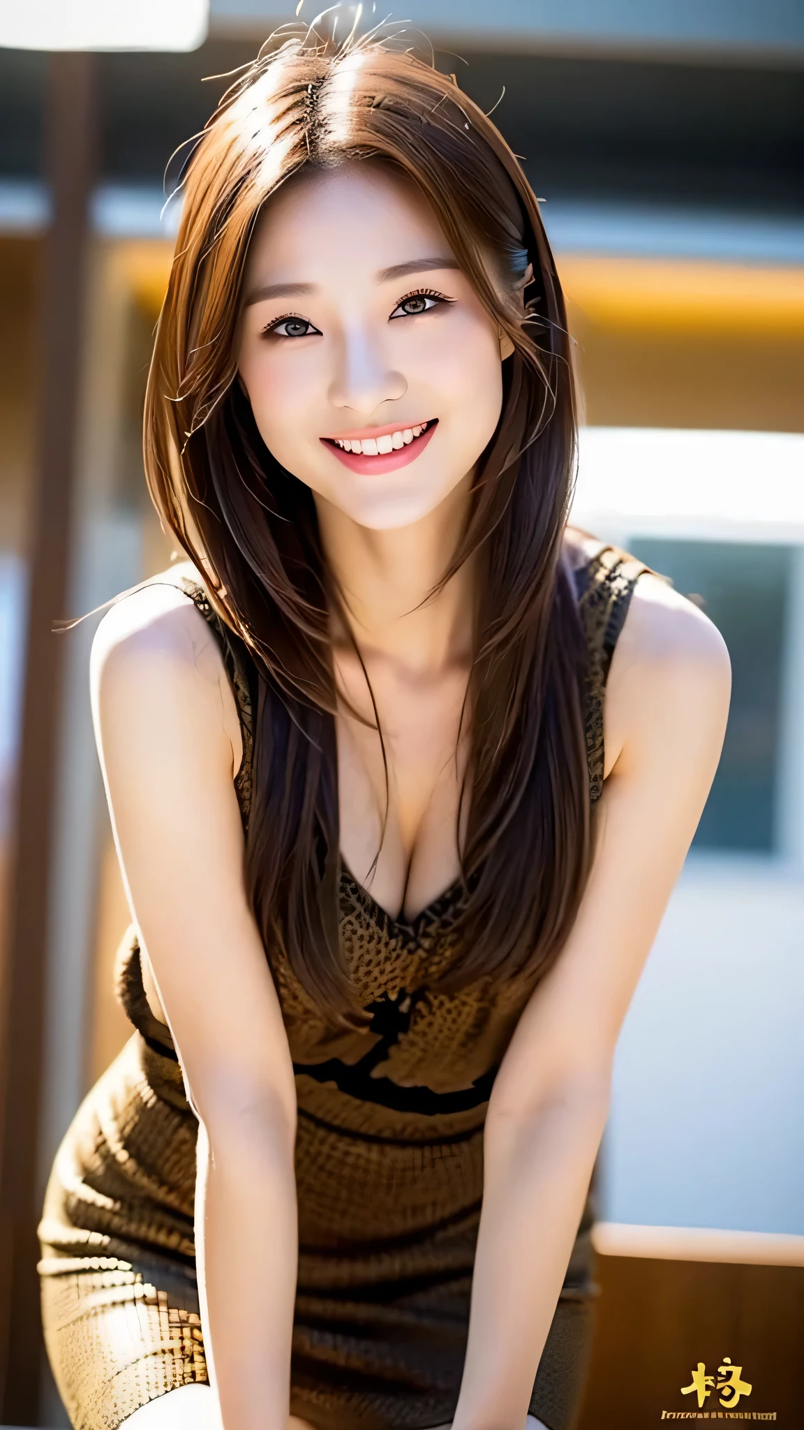RAW photo, highest quality, realistic, realistic, very fine, very fine and Beautiful, professional lighting, facial writing, Depth of the bounds written, single focus, full length, 20 year old female, brown hair, brown eyes, small head, fashionable girl, beautiful eyes, realistic Face, realistic Skin, real skin, fine eyes, (fashionable haircut: 1. 3), dynamic pose, viewer, Detailed facial and chest expressions, announcer, smile, various poses, long and beautiful legs, high heels, mini skirt, one person