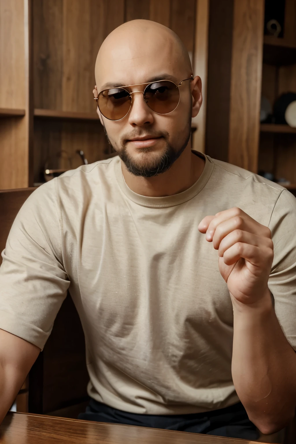  a bald skinny tall man with a round face with big round sunglasses joing hands on the table, with a beard, as an anime character, super-realistic, 