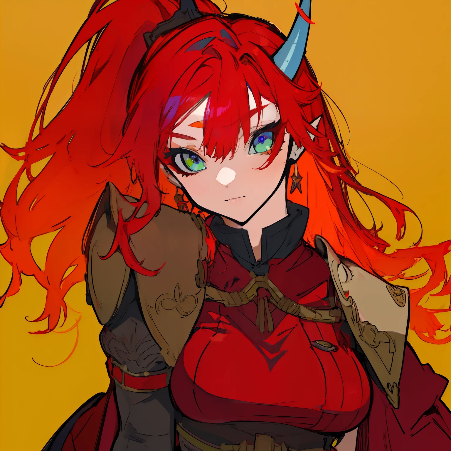 the other side,long red hair, pointed ears, horn, big breasts, colorful hair, ponytail, Are standing, Upper body, front, close,
Zesshosai,gauntlet,pelvic curtain ,Thighhighs,boots ,
, (Extremely detailed, beautiful and detailed face,  masterpiece, beautiful and fine eyes, highest quality)    