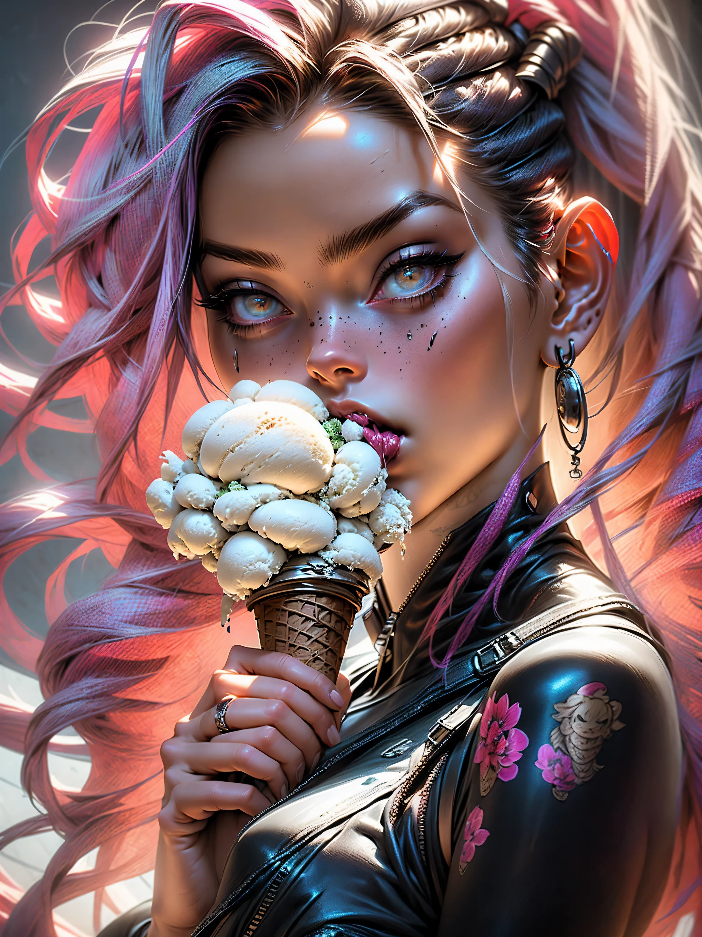 [[a close-up]] of a sensual young woman, sensual smile, with an (((ice cream in one hand)) bringing it closer to her mouth), with a tattoo on her arm and a cyberpunk hairstyle with a lock of pink hair, beautiful cyberpunk girl, beautiful cyberpunk girl face , cyberpunk dreamy girl, ultrarealistic cyberpunk art 8k, cyberpunk 2 0 years. or model girl, beautiful cyberpunk woman model, the portrait of the cyberpunk girl, highly detailed 32k digital art, beautiful digital artwork, cyberpunk cyborg. roses, realistic 8k digital art, soft neon lighting on the face and body 