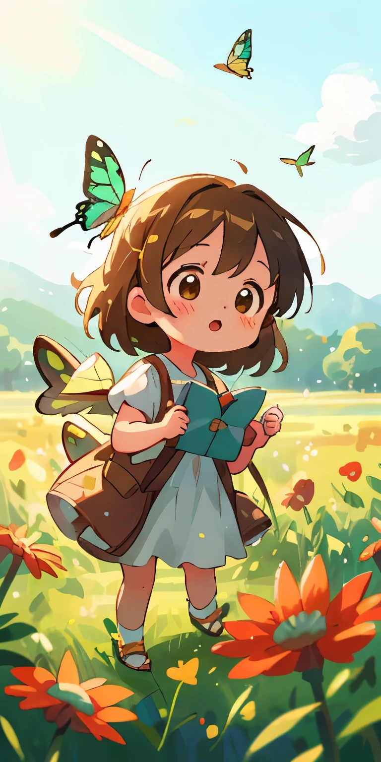 high detail, Ultra-detailed, 8k, Super high resolution cute innocent girl, , toddler, Enjoy spending time in open fields, Surrounded by the beauty of nature, The warm sunshine shines on her, Wildflowers sway gently in the breeze. Butterflies and birds dance around her, Add a playful atmosphere,