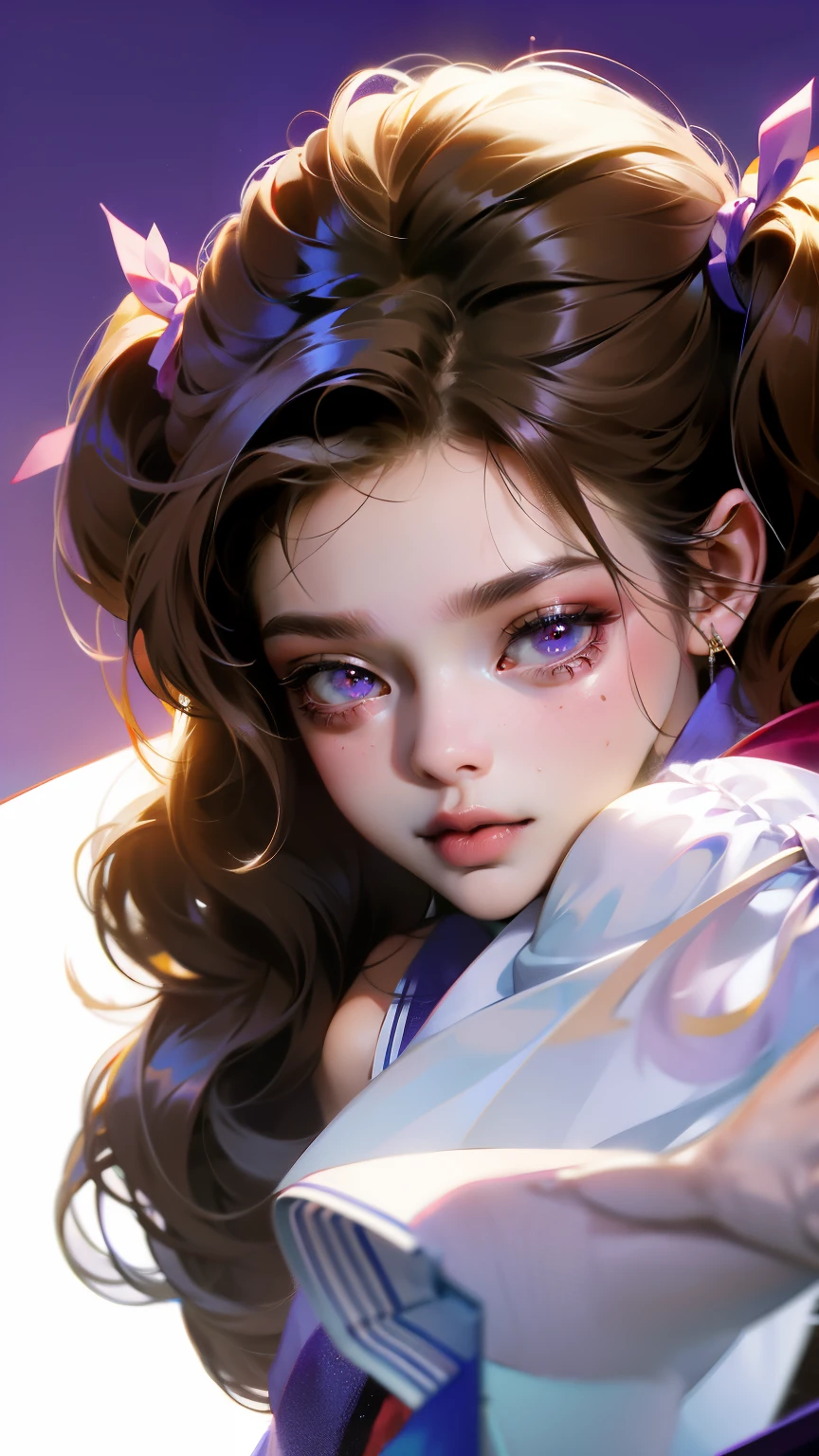 1 girl,high resolution, high quality, masterpiece, mxmk white dress, bare shoulders, purple eyes, white dress, braid,gold eye shadow,Dark red pupils,