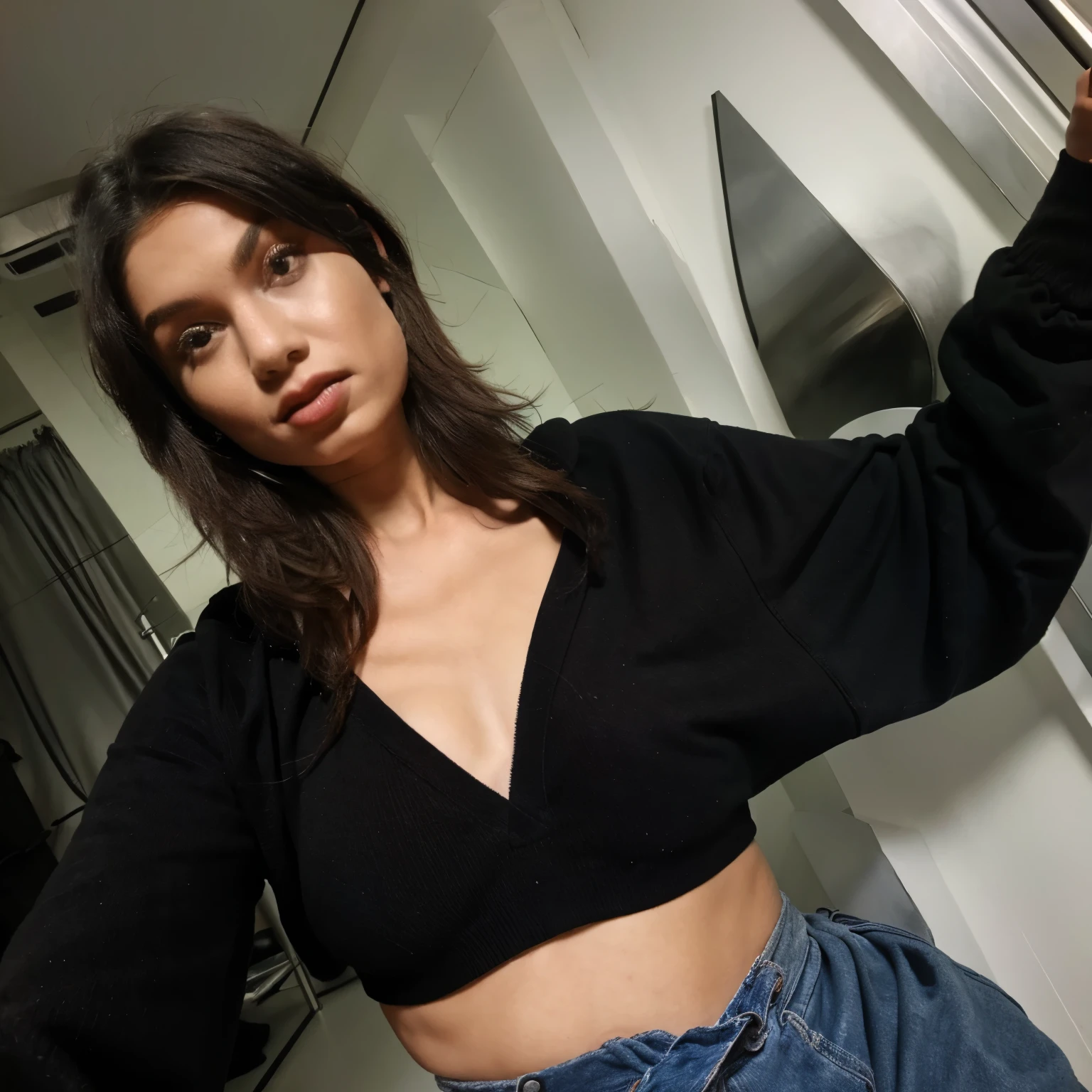 photorealistic, sharp focus, raw photo, amateur photo, beautiful 29 y.o latina-spanish girl, take a selfie, no panties, oversized sweater, detailed skin pores & face texture, pores, (goosebumbs:0.7), dynamic pose, looking at viewer, face focus, taken with mobile cam, film grain