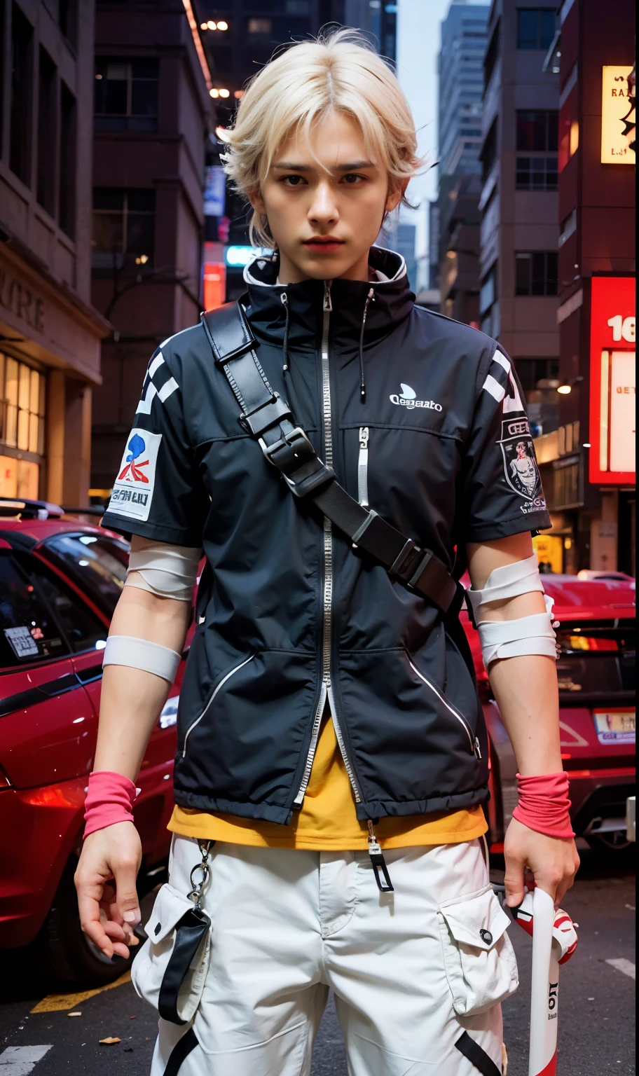 rosto masculino, 1 homem, rosto dos homens, homem adulto, Bonito, cabelo curto spike,cabelo BRANCO e PRETO,Serious,cara de bravo,olhos vermelhos, red contact lenses in eyes, brinco azul na orelha esquerda, left arm covered in bandages ((left arm covered in bandages)) , jaqueta tech wear Preto com detalhes brancos e vermelhos, backpack strap on chest, Red gloves on hands, Realista, mais detalhes, Antecedentes ciberpunk, mola 70 mm