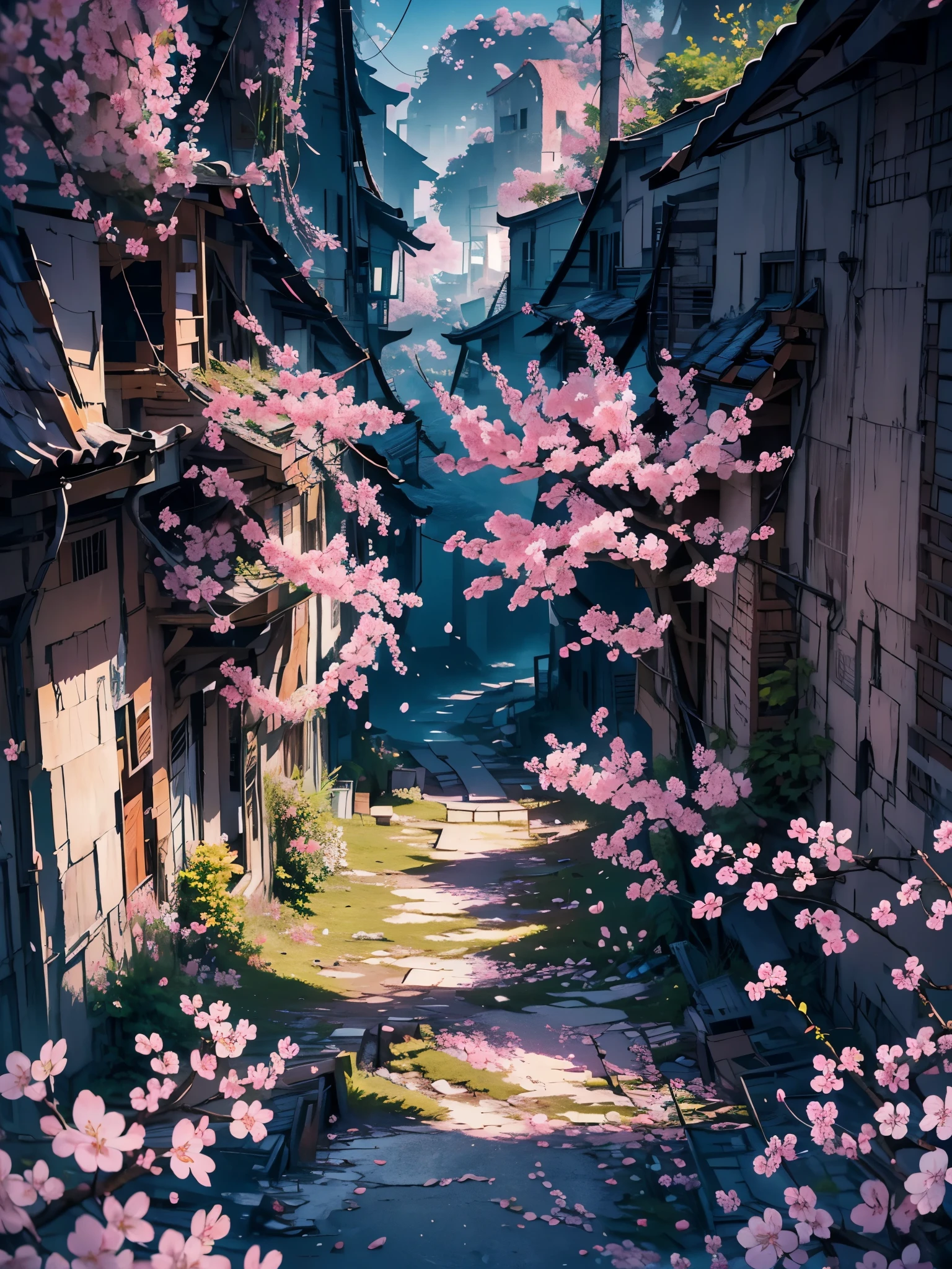 4k, Realista, Muito detalhado, Lente grande angular, damp medieval town, vibrante, fantastic plants, uma casa grande, estilo makoto shinkai, fundo de anime, arte conceitual, (nenhum personagem aparecendo), Realista lighting, epic composition, difuso, (obra de arte, melhor qualidade), super hd, 32k --v 6, (((cherry blossom leaves all over the view)))