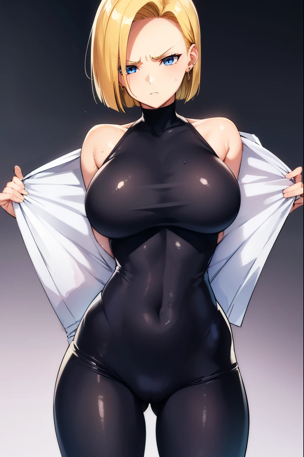 highest quality, High resolution, AND18, 1 girl, android 18, alone, golden hair, blue eyes, short hair,earrings,big breasts, frown,troubled face, Sweat,1 girl, Black tight suit, streak,looking at the viewer,backwards,thrust one's butt at the viewer