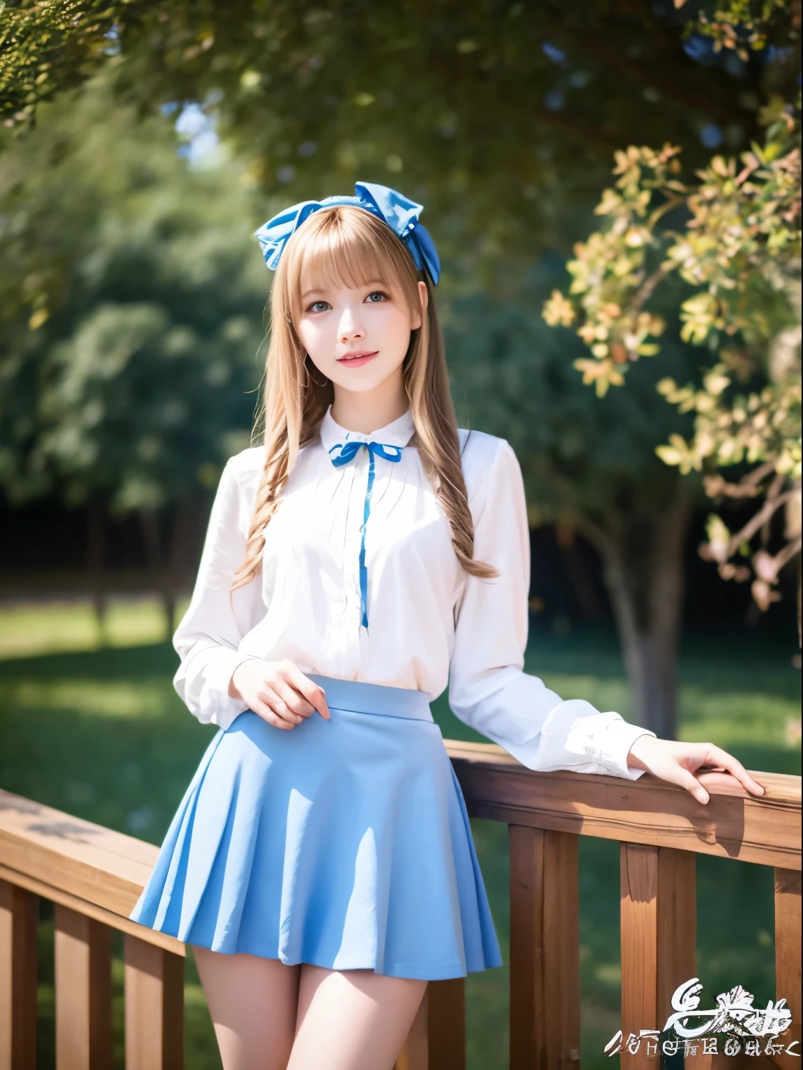 Showing off your panties:1.5、long blonde hair, blue eyes, light blue skirt, light blue ribbon, alice in wonderland, fairy tale, europian style,Upskirt:1.5,skirt lift:1.5