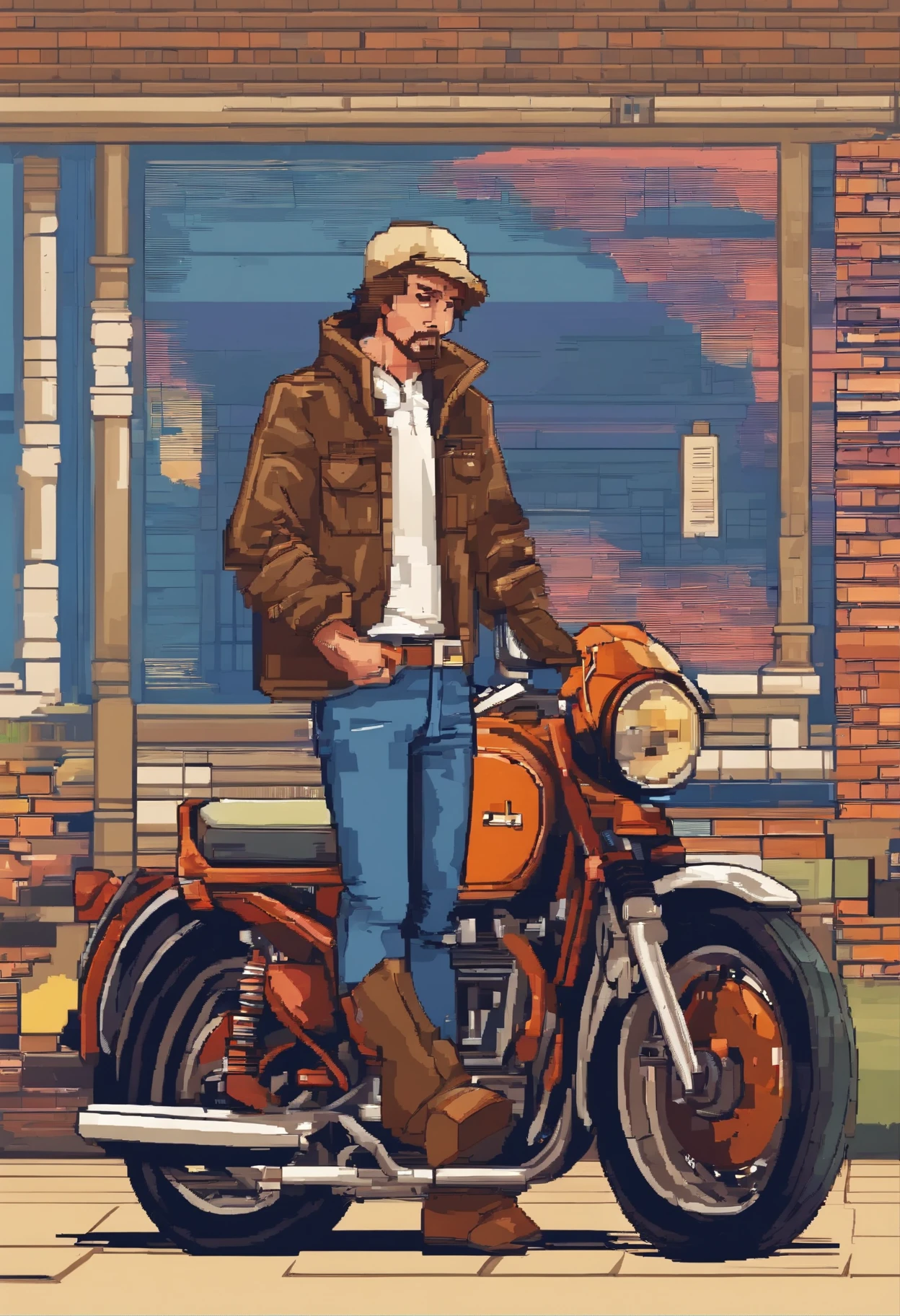 Crie uma imagem de um homem de 40 anos, cabelo curto, sem barba, with blue jeans, jaqueta de couro preta, ao lado de uma moto Royal enfield interceptor branca,ambos em uma estrada na fazenda com uma cachoeira ao fundo.