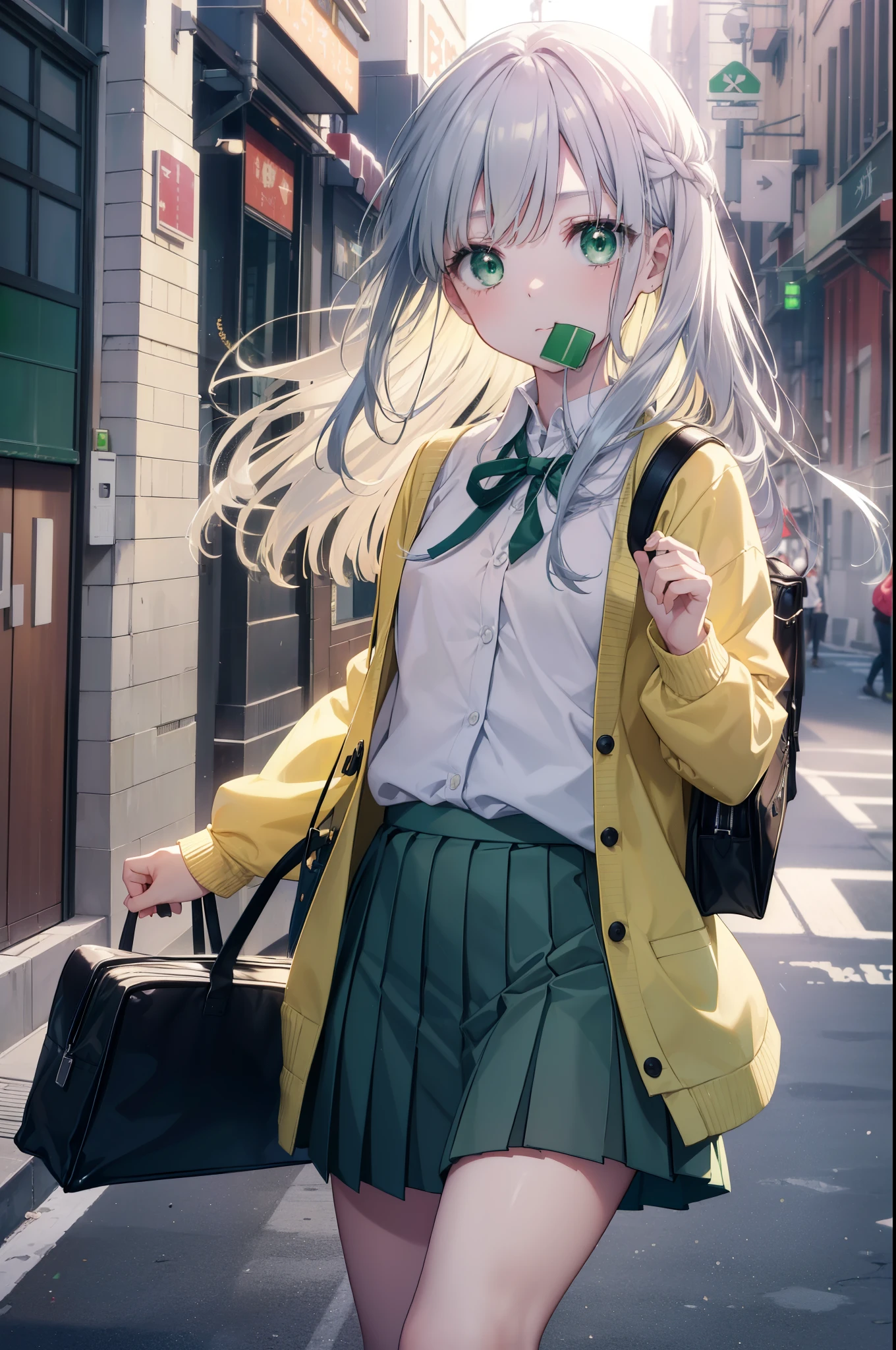 index, index, (green eyes:1.5), silver hair, long hair, (flat chest:1.2),yMedium sleeve shirt,ribbon,yellow cardigan blazer,black pleated skirt,white pantyhose,loafers,toast in your mouth, running, city street,morning,morning日,sunrise,A girl running with a student bag,
break looking at viewer, Upper body, ぜん
break outdoors, In town,
break (masterpiece:1.2), highest quality, High resolution, unity 8k wallpaper, (figure:0.8), (detailed and beautiful eyes:1.6), highly detailed face, perfect lighting, Very detailed CG, (perfect hands, perfect anatomy),