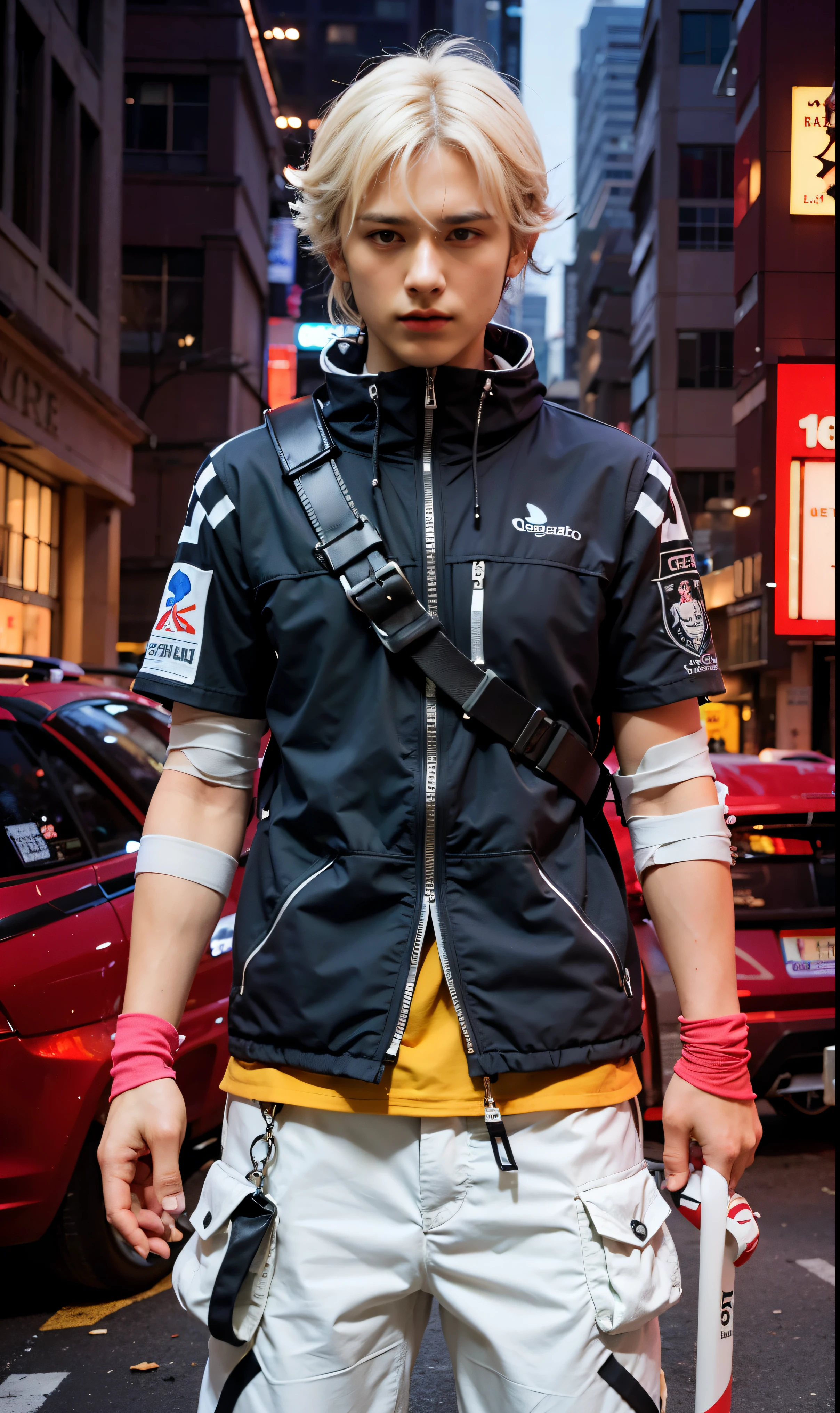 rosto masculino, 1 homem, rosto dos homens, homem adulto, Bonito, cabelo curto spike,cabelo BRANCO e PRETO,Serious,cara de bravo,olhos vermelhos, lentes de contato vermelhas nos olhos, brinco azul na orelha esquerda, left arm covered in bandages ((left arm covered in bandages)) , jaqueta tech wear Preto com detalhes brancos e vermelhos, backpack strap on chest, Red gloves on hands, Realista, mais detalhes, Antecedentes ciberpunk, Os 70 mm