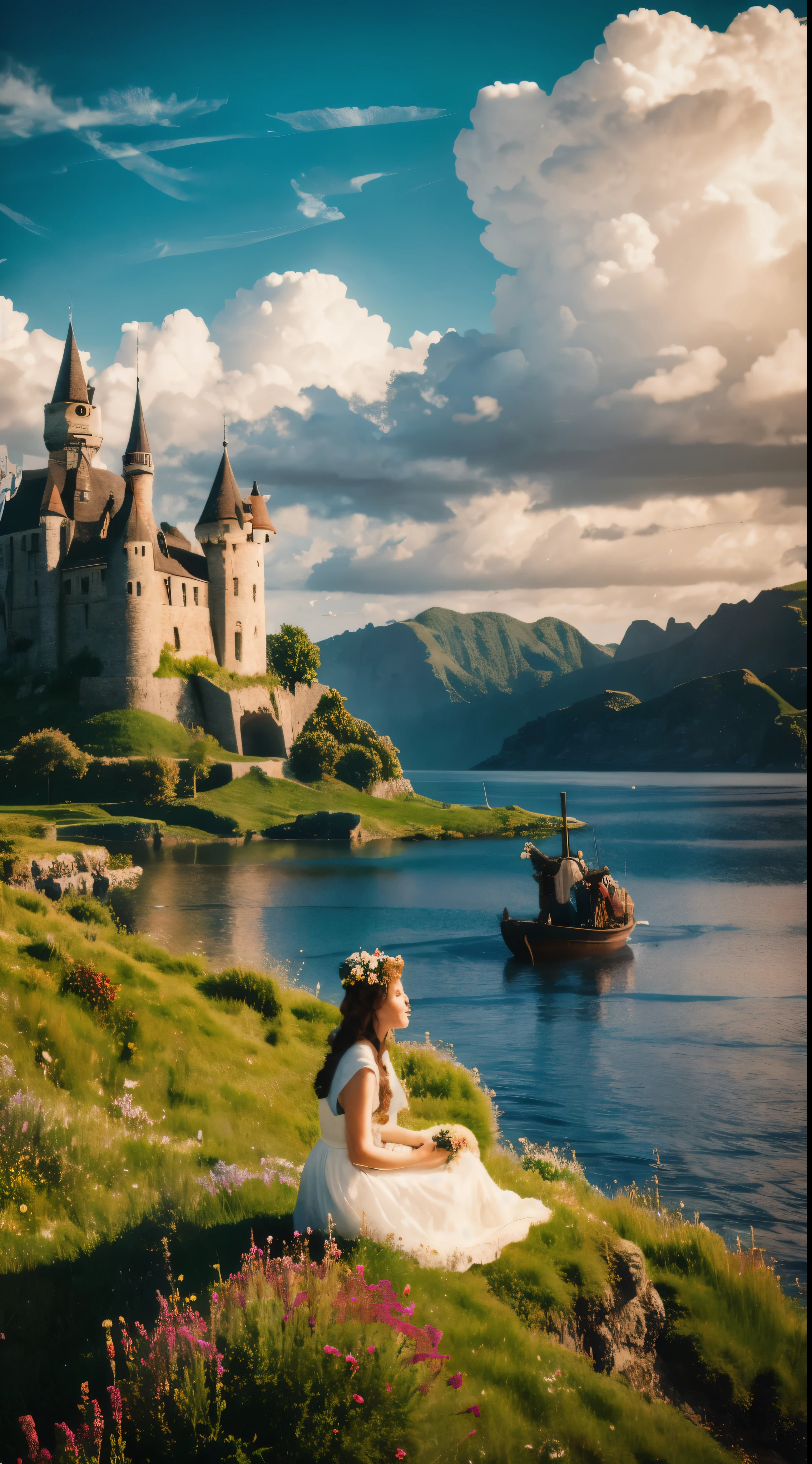 masterpiece, best quality, 1:1 ratio, seated, A quaint farmgirl, living through harsh times in the Middle Ages, crazy world, surreal landscape, floating islands, ethereal cloud castle, (best quality: 1.3), (highres: 1), (detailed: 1.3), (incredible: 1.3), (perfect: 1.3), (