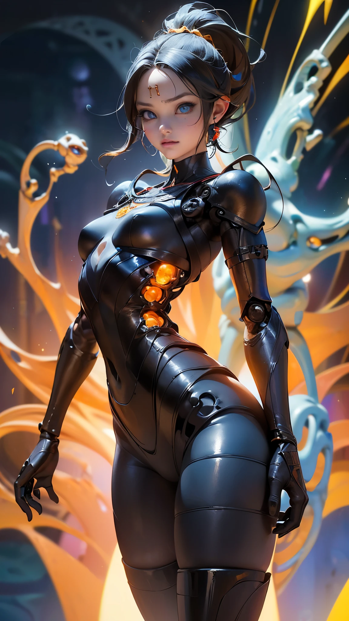 (rear view, backside view),(8K, foto cruda, 最High quality, Obra maestra:1.2), High-deFinition RAW color photo, ProFessional Photoshoot, cinematic light, alone, (((The body oF the machine yellow , Female mechanical doll))), (detailed expression), (small Face), (((Rubio, atajo, show your Forehead, strange eye:1.5))), gargantilla, cuerpo atractivo, (Forma de cuerpo delgado:1.4), Muy detailado face and skin texture, Fine eyes, ((Sonrisa sin emociones)), (color de cuerpo negro y rojo), (Machine made gasket:1.4), ((mechanical limbechan vertebrae:1.4 )), ((Mechanical cervical spine connected to gargantilla)), (alambres y cables conectados al cuerpo:1.4 ), (Countless tubes connected From blood vessels to external machineuslos seductores, Underground Facilities:1.5, (BeautiFul skin and the luster oF metal materials:1.4) , perFect Fingers, Five Fingers, anatomically correct, bokeh de fondo, Alta calidad, science fiction art, colores brillantes, ((nikon, 135㎜, F/1.8, Muy detallado, Photoshoot)),(ojos hermosos azules:1.4), (fondo nave alienigena dentro:1.4), (background laboratory chemical waste :1.4)