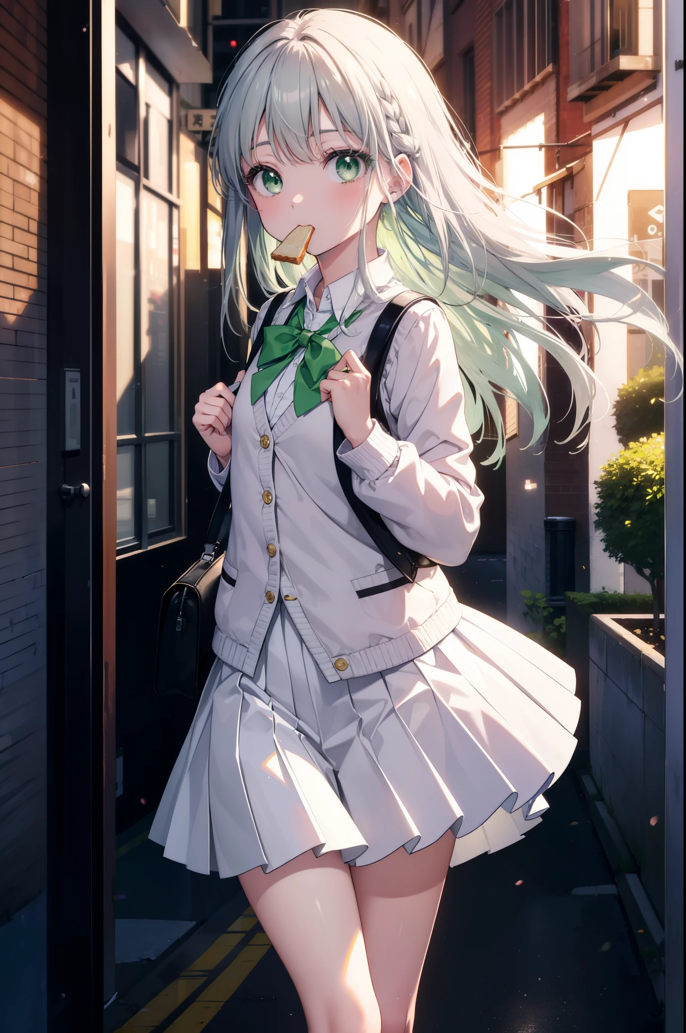 index, index, (green eyes:1.5), silver hair, long hair, (flat chest:1.2),yMedium sleeve shirt,ribbon,Yellow cardigan,blazer,black pleated skirt,white pantyhose,loafers,toast in your mouth, running, city street,morning,morning日,sunrise,A girl running with a student bag,
break looking at viewer, Upper body, ぜん
break outdoors, In town,
break (masterpiece:1.2), highest quality, High resolution, unity 8k wallpaper, (figure:0.8), (detailed and beautiful eyes:1.6), highly detailed face, perfect lighting, Very detailed CG, (perfect hands, perfect anatomy),