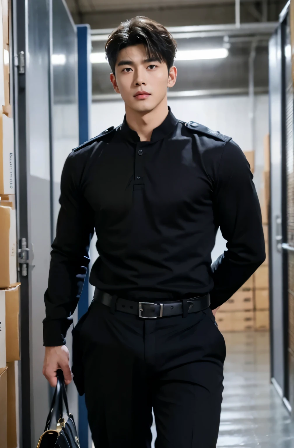 1 handsome Asian guy，27岁policeman，arafed male police 官 in  walking down a hallway, , wearing a police ,  police ,  full outfit: police, , majestic，Who is Shi Yu?, Li Yuanbin, Kim Hyung Tae, Kim Hyung Tae, Yin Shishan, Handsome Asian muscular guy，Broad shoulders and narrow waist，A handsome guy in police uniform，Form-fitting fabric contours the bust，in a remote warehouse，hands tied behind back，Hands tied behind the back，hands tied behind back，Masculine and sexy，High，Muscles look good，hairy body，Wheat complexion，black eyes（thin eyes 1：3），whole body image