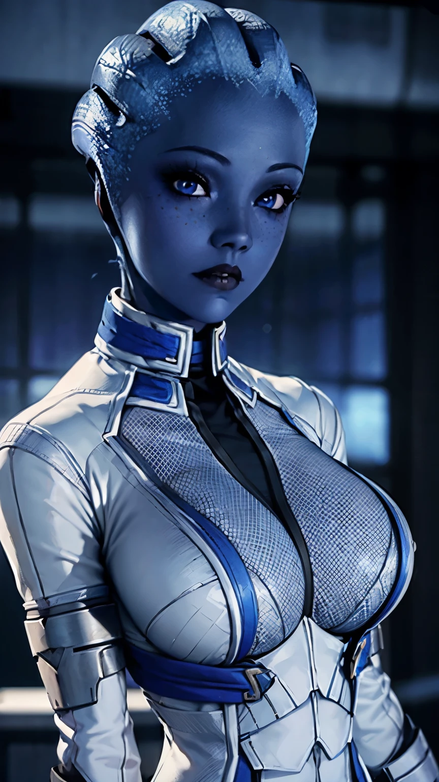 ((ultra quality)), ((Masterpiece)), ((8K)), ((Liara_T'Soni)), Mass Effect, (()), (Beautiful face), (Dark lips), charming, ((sexy facial expression)), looks at the camera, eyes closed a little, (skin color dark blue), (dark blue skin), glare on the body, ((detailed beautiful female eyes)), ((Light blue eyes)), (beautiful female lips), (dark eyeliner), (beautiful female hands), ((Ideal female figure)), Ideal female body, beautiful waist, beautiful hips, Medium breasts, (cloth: white costume of Liara from Mass Effect 3), ((subtle and beautiful)), stands temptingly (face close up), background: huge metropolis of the future beautiful beautiful sunset flying cars, ((depth of field)), ((high quality clear image)), (clear details), ((High detail)), realistically, ((Clear Focus))