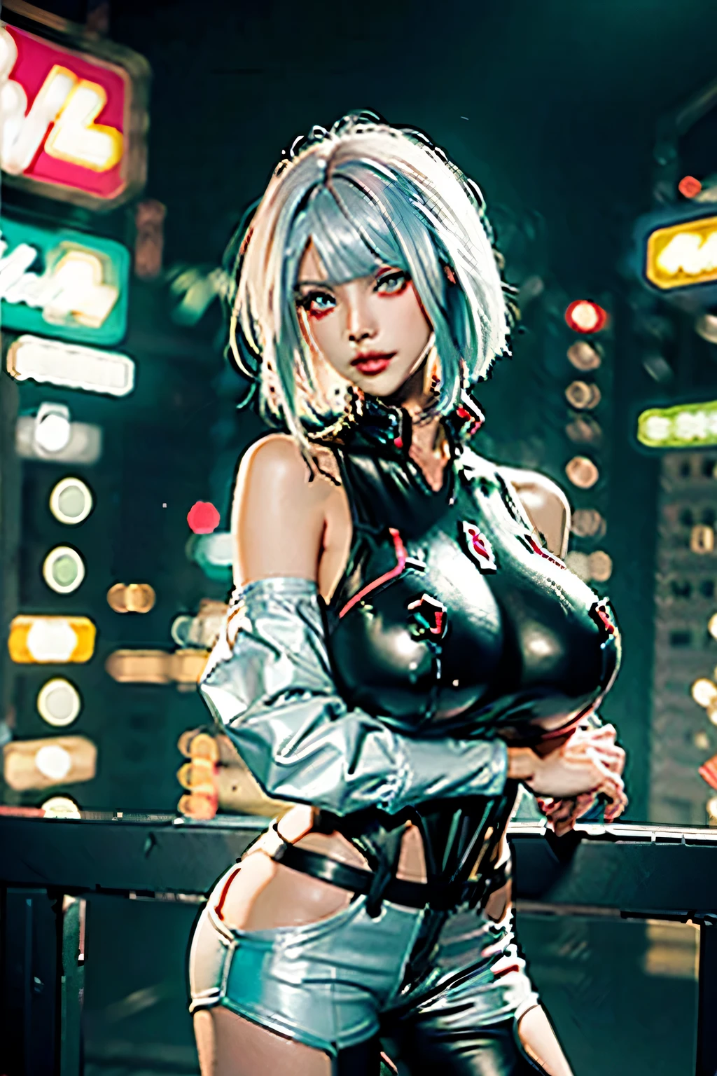 Lucy_cyberpunk, cowboy shooting, 1 cute girl,white short hair, Bangs,(huge breasts:1.5) ((red eyeliner)), ((cosmetic)),red lips, White off-the-shoulder coat, black jumpsuit, bare shoulders, white shorts, Hip vents, (dynamic poses), looking at the audience, Upper body,fantasy, high contrast,city View, neon lights, neon lights装饰, ((cyberpunk)),