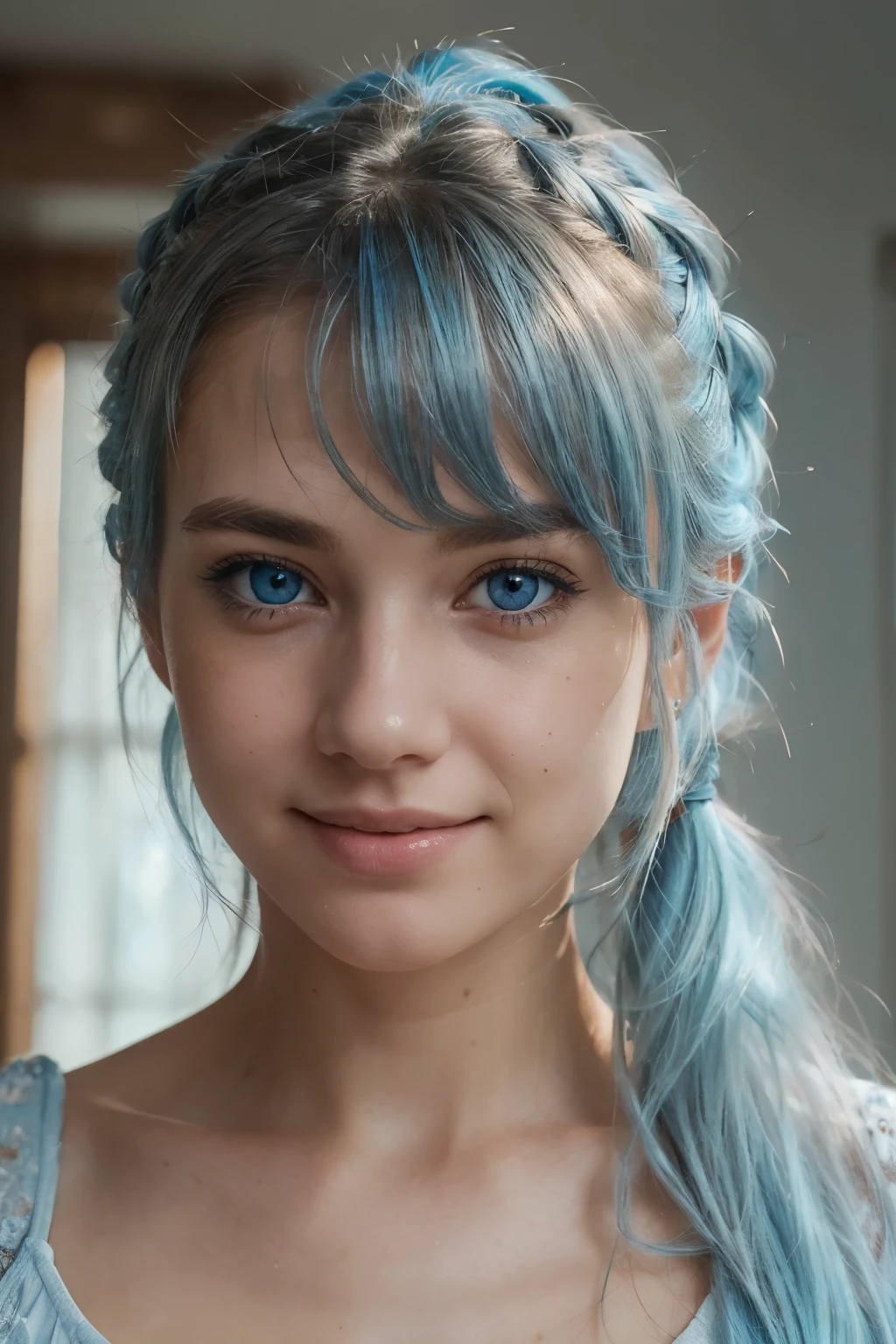(masterpiece), (best quality), (ultra detailed),(disheveled hair),(illustration), (1girl), standing, smiling, beautiful detailed eyes, light blue eyes, detailed beautiful face, focus on face, ponytail, light blue hair, detailed hair, bangs, best lighting, best shadow, highly detailed, vibrant