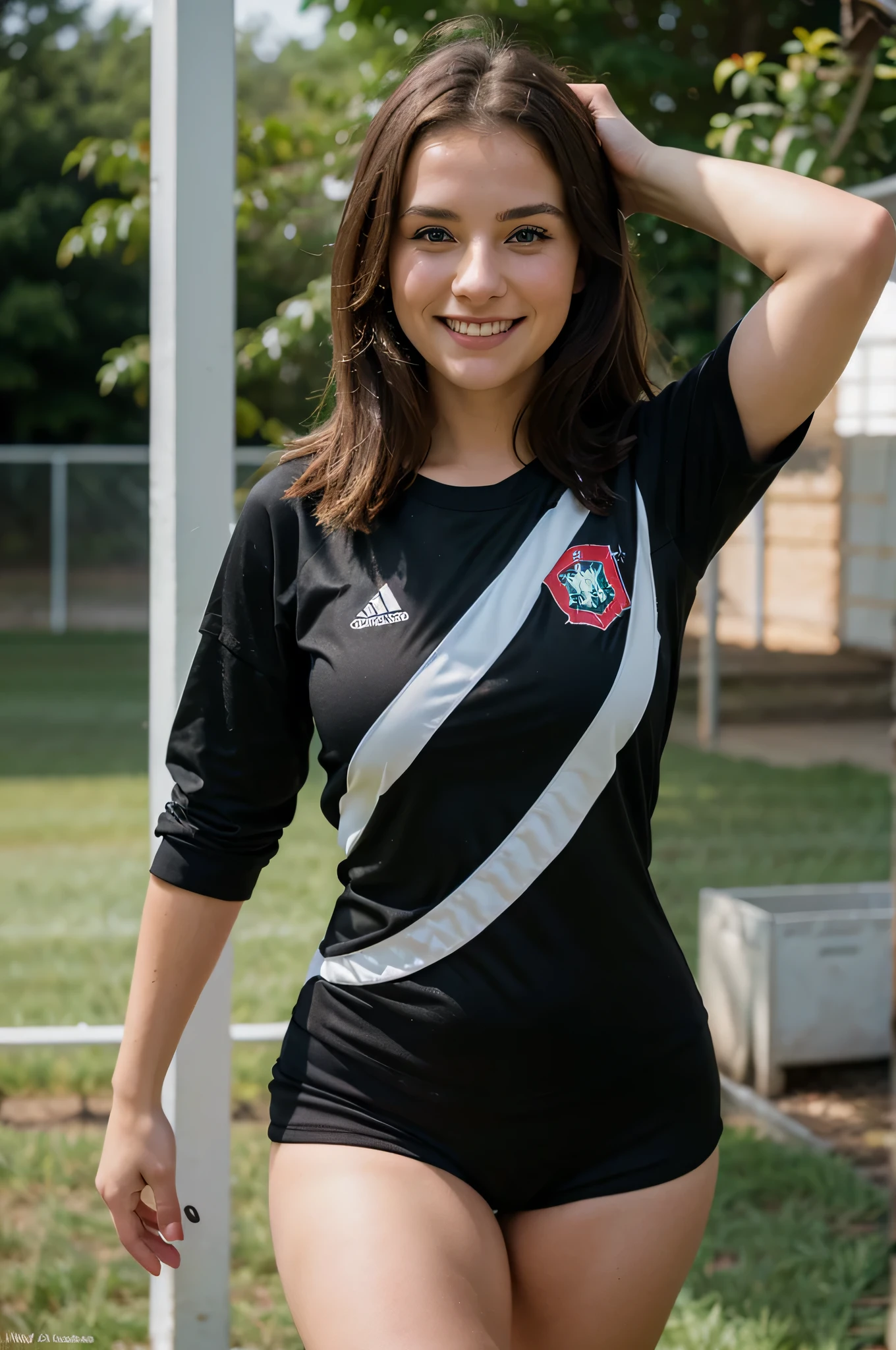 realistic photo of a 24-years old Czech woman, white skin, brown hair, blue eyes, big smile, laughing, curvy body, wearing a full soccer black and red uniform, no logos, long short, in a soccer field, 8k uhd, dslr, soft lighting, high quality, film grain, 20mp, Fmagical photography, dramatic lighting, photo realism, ultra-detailed, intimate portrait composition, Leica 50mm