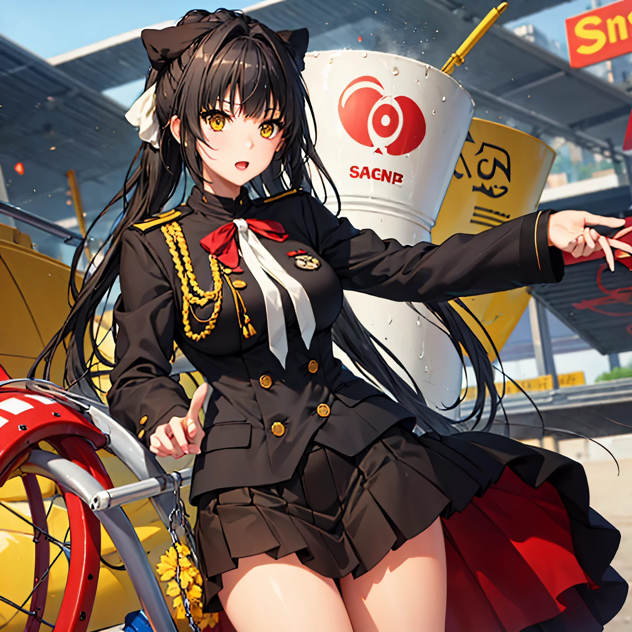 a woman with black hair, yellow eyes, wearing red military uniform short black skirt, in an amusement park
