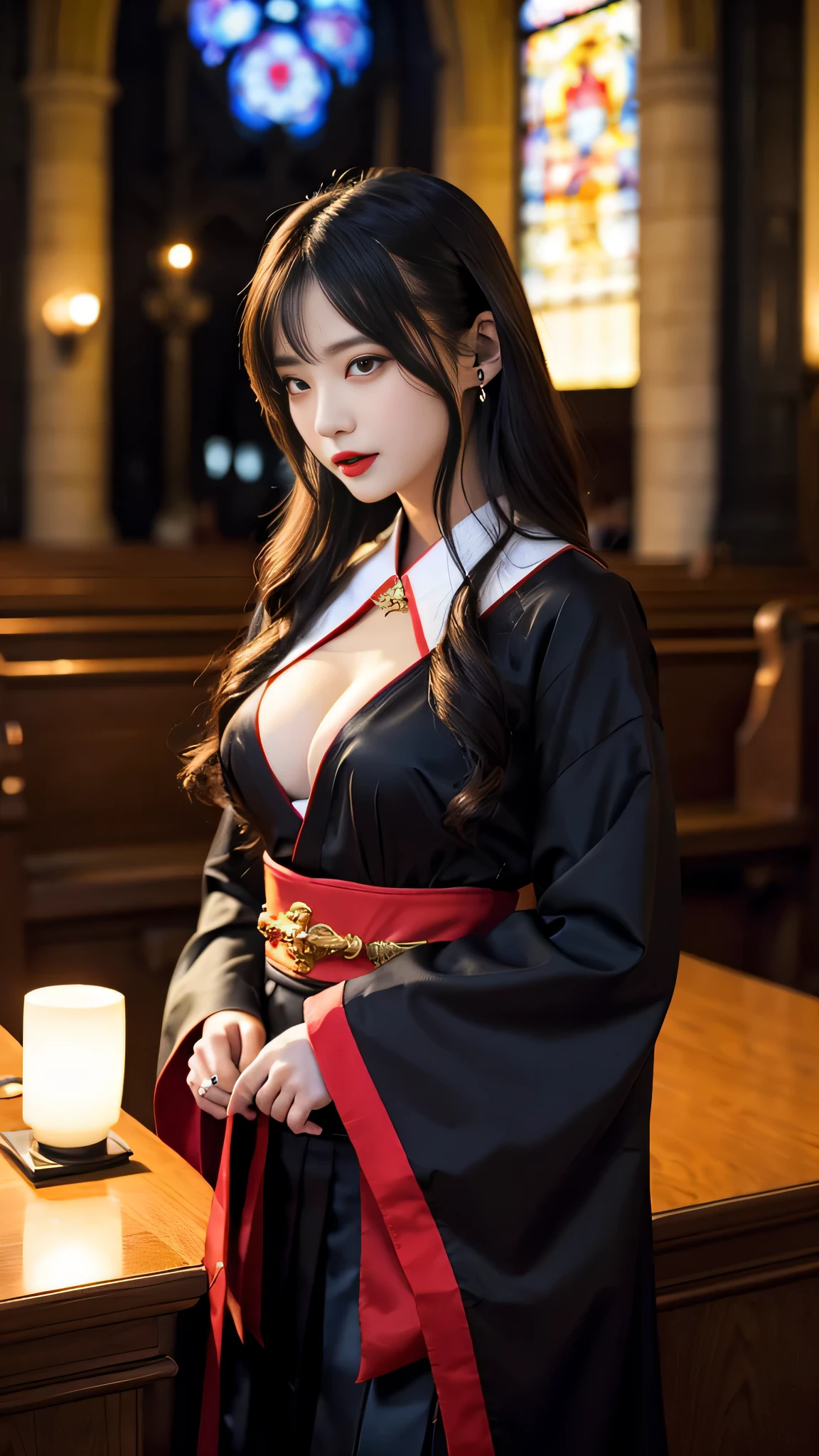 Super detailed、Japanese、charming beauty、seductive adult woman、Beautiful woman、sharp eyes、cool girl、wavy hair、shrine maiden costume、black skirt、wide sleeve、evilの幹部、evil depravity、brainwashing、Mind control、lipstick、grin、evilな表情、evil、empty eyes、evil、church at night、vampire、vampire、Hypnosis、brainwashinging、Contrasting、