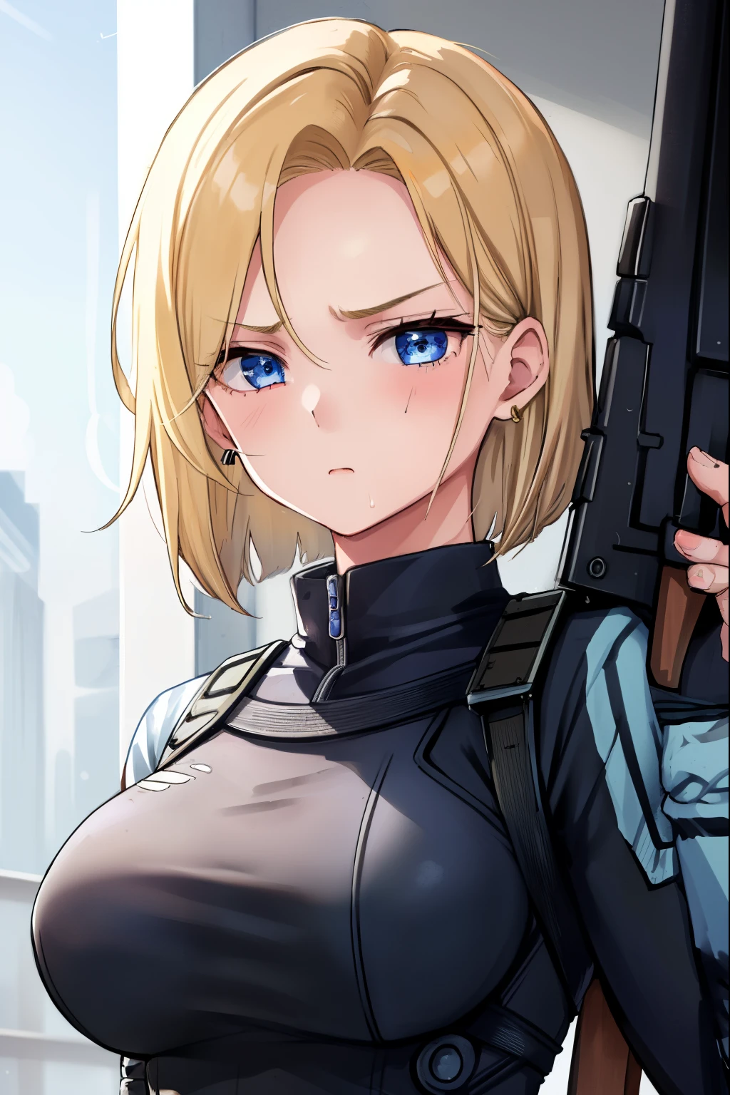 highest quality, High resolution, AND18, 1 girl, android 18, alone, golden hair, blue eyes, short hair,earrings,big breasts, frown,troubled face, Sweat,1 girl, Black tight suit, streak,looking at the viewer,girl with assault rifle,gun