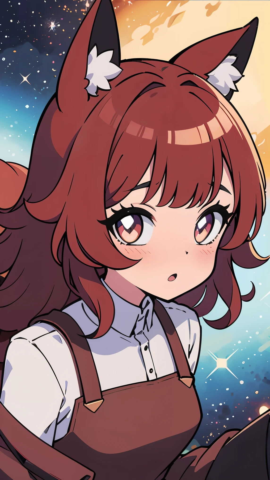 matte, (masterpiece), best quality, vibrant colors, expressive eyes, perfect face, 1woman, (animal ears), (fox ears), (hidden ears), (red hair:1.2), {hair bangs}, {wavy hair}, crimson eyes, (wearing a sundress), frills, shy, blushing, surprised galaxy background, in space, (color pastel effect), pastel tones filter, angle view, looking at the viewer, rim lighting