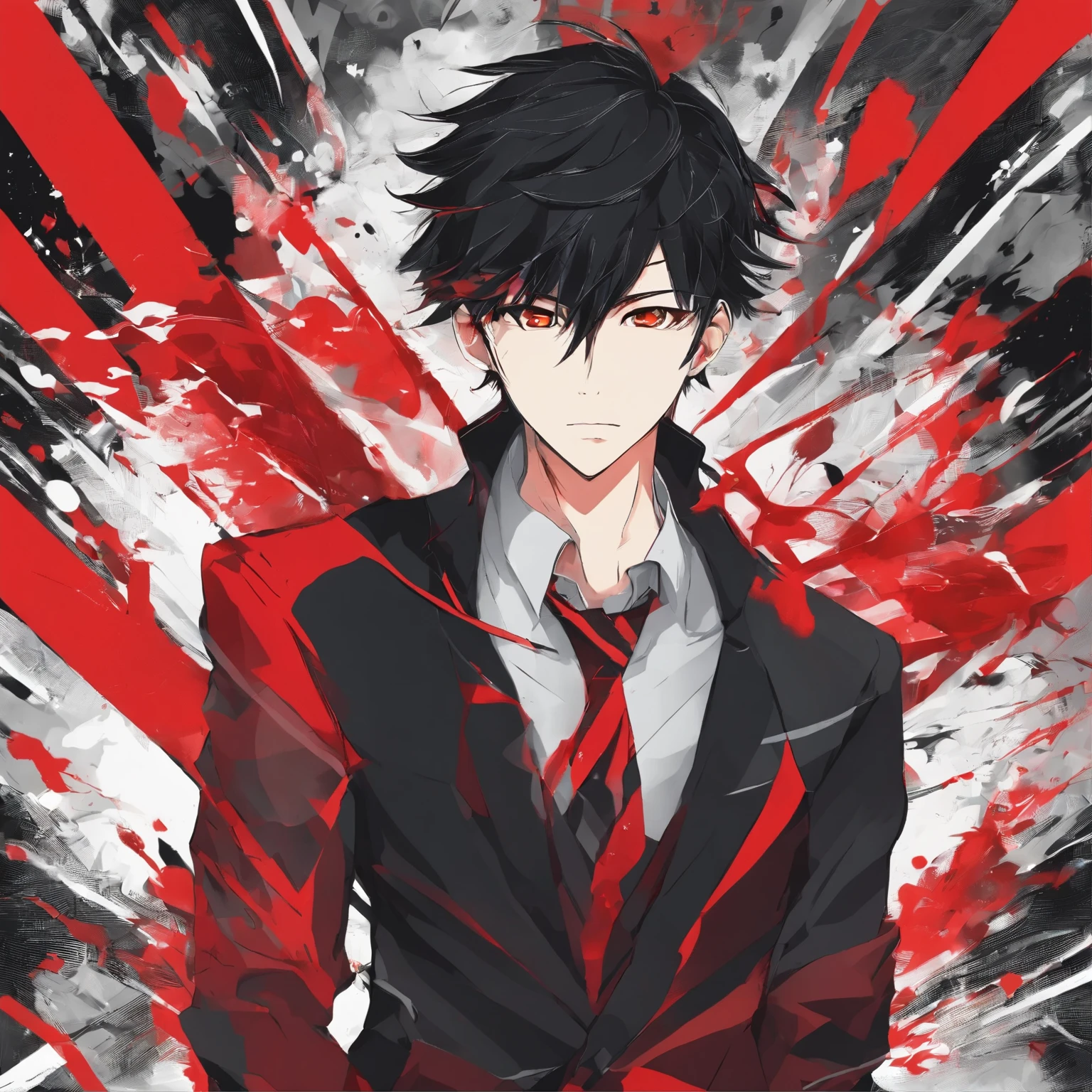 menino 17 anos, estilo anime, cabelo preto com vermelho, olhos vermelhos, usando Terno, psicopata
