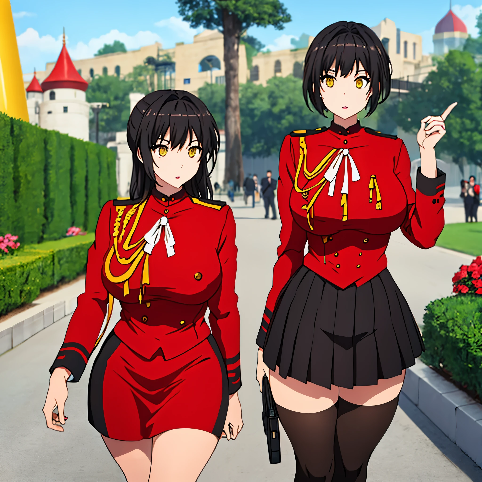 a woman with black hair, yellow eyes, wearing red military uniform short black skirt, in an amusement park
