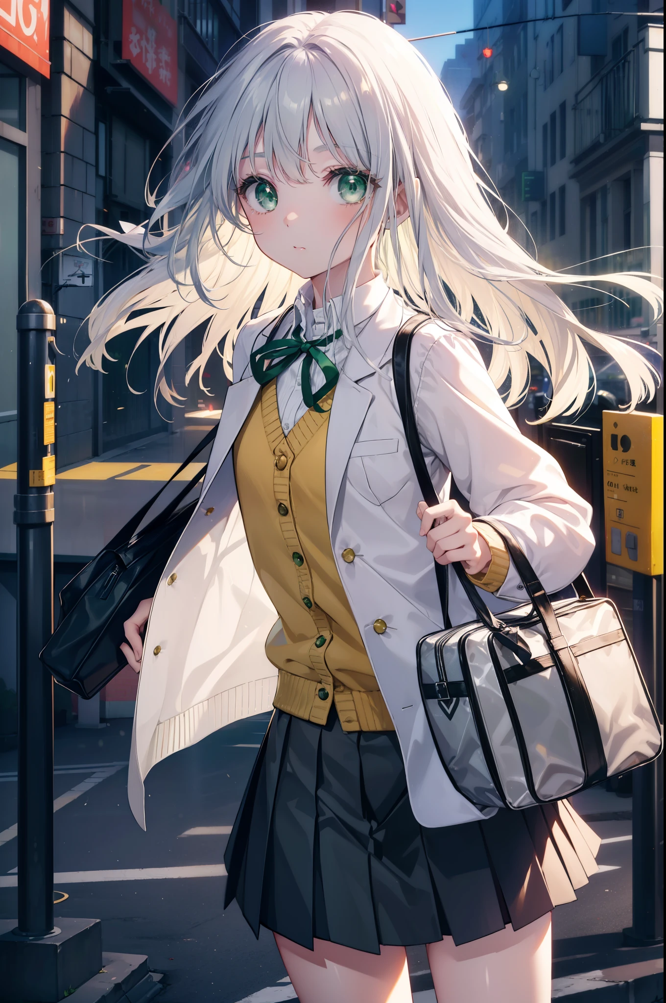 index, index, (green eyes:1.5), silver hair, long hair, (flat chest:1.2),yMedium sleeve shirt,ribbon,Yellow cardigan,blazer,black pleated skirt,white pantyhose,loafers,toast in your mouth, running, city street,morning,morning日,sunrise,A girl running with a student bag,
break looking at viewer, Upper body, ぜん
break outdoors, In town,
break (masterpiece:1.2), highest quality, High resolution, unity 8k wallpaper, (figure:0.8), (detailed and beautiful eyes:1.6), highly detailed face, perfect lighting, Very detailed CG, (perfect hands, perfect anatomy),