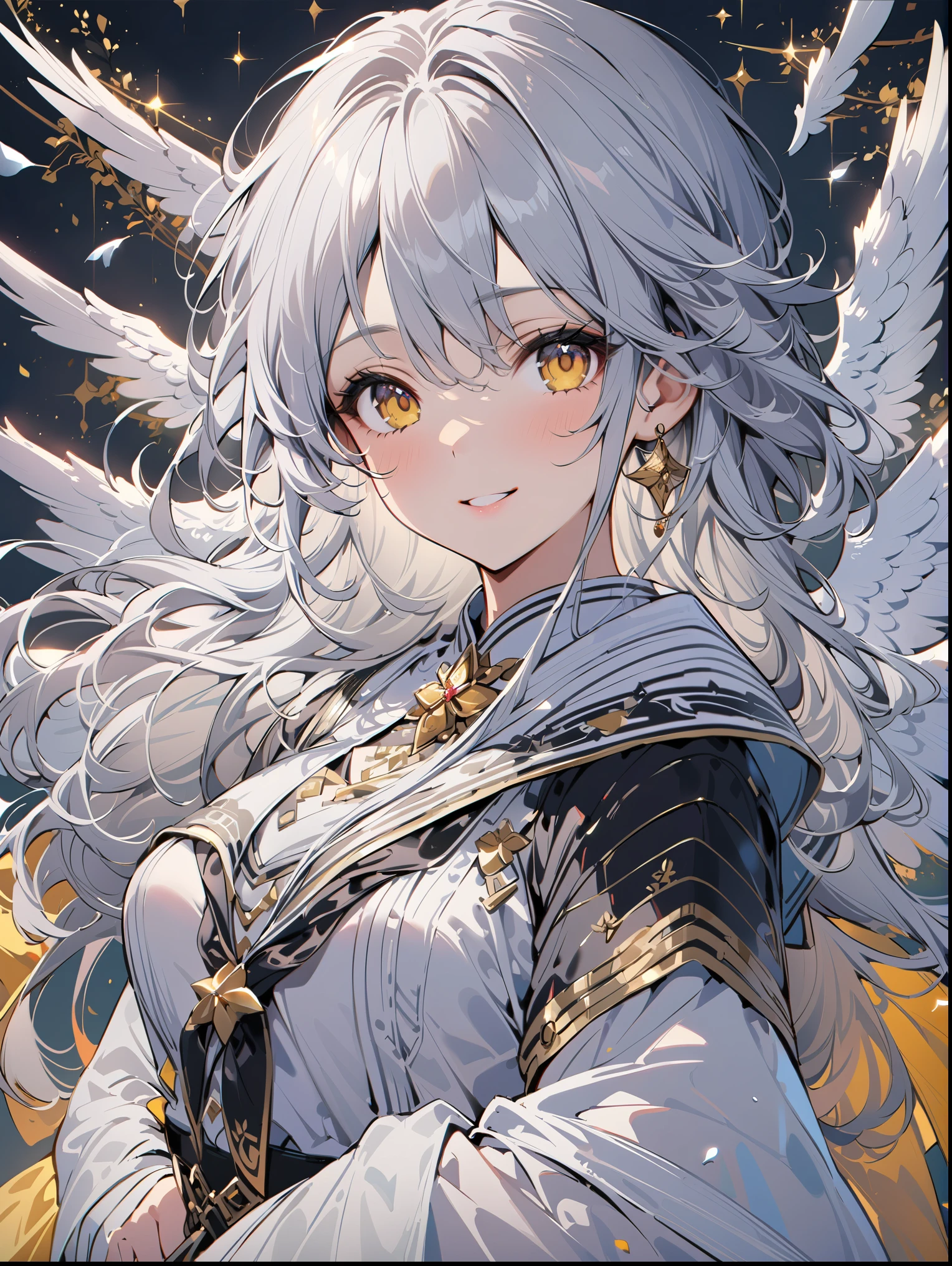 8K resolution, ((highest quality)), ((masterpiece)), ((super detailed)), (very delicate and beautiful), with a girl, solo, gentle expression, she is very(relax)with(Calm)Appearance,gray haired, Depth of the bounds written, bright smile, bright yellow eyes, bright white hair, beautiful background, Long Hair - Linear Art, black skirt, White uniform like a sailor suit, Angel, Angelの白い翼, White feathers fluttering, Eyes that shine like amber, upper eye, wonderful eyes, whole body