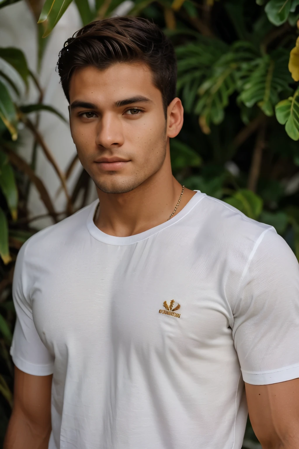 Homem branco jovem, bronzear, Pele, Etnia europeia, Cabelos curtos, loiro, olhos azuis, olhar bonito, forte, com uma camisa branca aberta, goodlooking, Impressionantemente realista