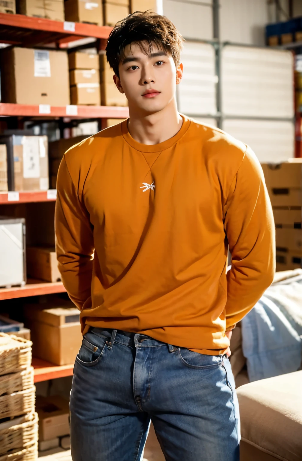 1 handsome Chinese guy,26-year-old physics teacher,majestic,Who is Shi Yu?, Li Yuanbin, Kim Hyung Tae, Kim Hyung Tae, Yin Shishan, Handsome Chinese muscular guy,Broad shoulders and narrow waist,A handsome guy wearing an orange sweatshirt and jeans,Form-fitting fabric contours the bust,in a remote warehouse,hands tied behind back,Hands tied behind the back,hands tied behind back,Masculine and sexy,High,Muscles look good,hairy body,Wheat complexion,black eyes(thin eyes 1:3),whole body image