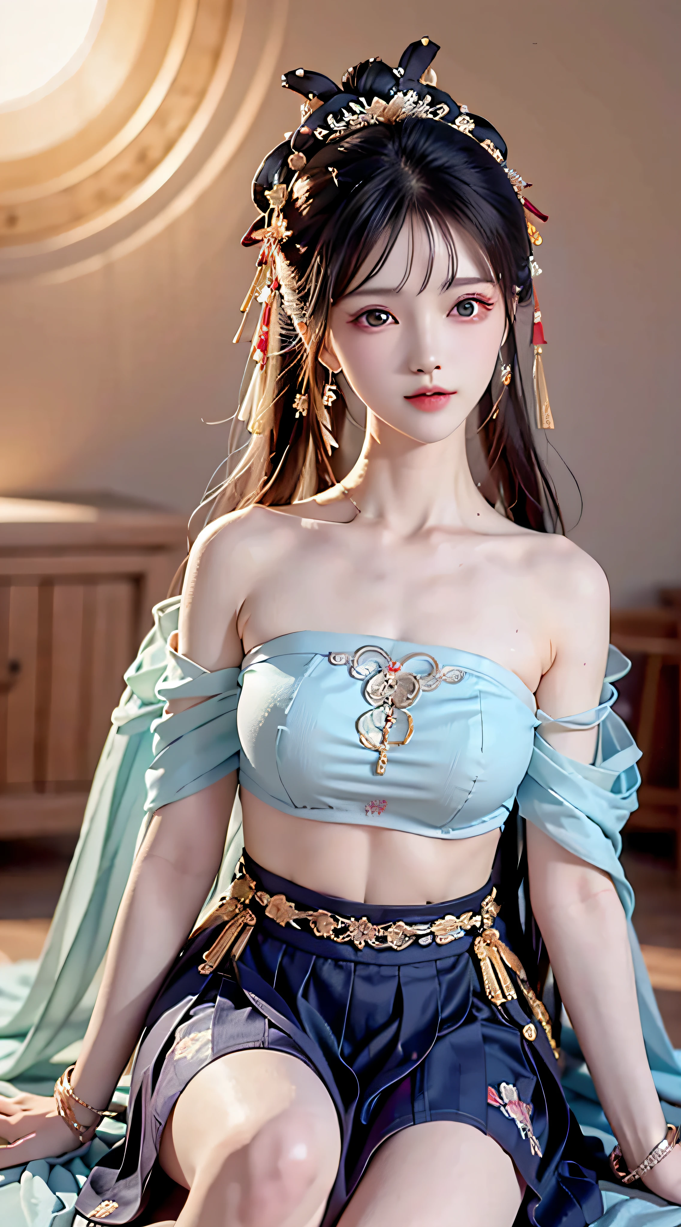 Bust photo, a beautiful woman, messy hair, girly, symmetrical bun, hair accessories, jewelry, delicate face, eye shadow, purple top, purple, purple, crop navel, purple long skirt, Dunhuang style, delicate embroidery, silver decoration, silver streamer, white streamer, light blue streamer, delicate skin, soft light effect, delicate and smooth hair, delicate details, eye highlights, fair skin, fine portrayal, extreme details, cinematic quality, thin, slender, broken, hair details, thin bangs, shawl hair, right body, shadow, air bangs, 8K, super detailed, fine fabric texture, soft, smooth, smooth texture, Dunhuang style, delicate pattern, correct hand painting, anatomy correct, accurate, night, dark night, lighting, Tyndall effect, ray tracing, HUD, outdoor, outdoor, desert physically based rendering, beautiful studio soft light, CG, wallpaper, very detailed, ( ore details: 1.3), 1girl, perfect face, perfect eyes, young, long eyelashes, pursed lips, (long hair: 1.3), pursed lips, (full body: 1.5), long hair, big eyes, lying down, tilted head, hair accessories, casual posture, smile, ((Hanfu, Ming style): 1.5), sitting posture, flower field, cherry blossoms,