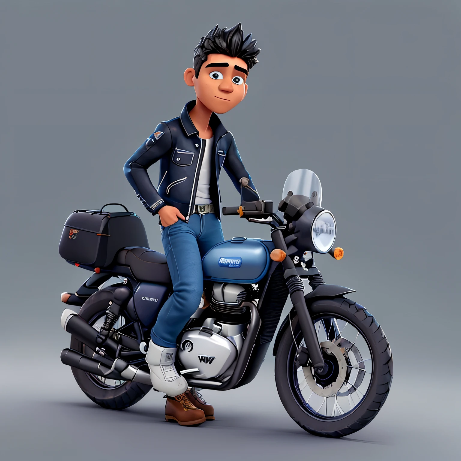 Crie uma imagem de um homem branco, cabelo curto preto, blue jeans, jaqueta de couro preta, encostado em uma moto branca, da marca Royal enfield, do modelo interceptor, sobre uma estrada de fazenda, com uma montanha com cachoeira ao fundo