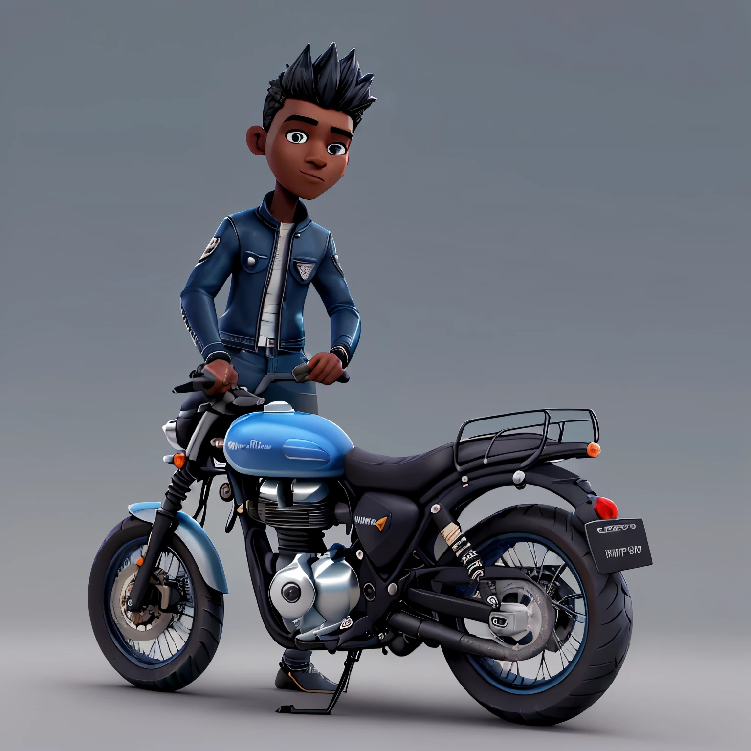 Crie uma imagem de um homem branco, cabelo curto preto, blue jeans, jaqueta de couro preta, encostado em uma moto branca, da marca Royal enfield, do modelo interceptor, sobre uma estrada de fazenda, com uma montanha com cachoeira ao fundo 