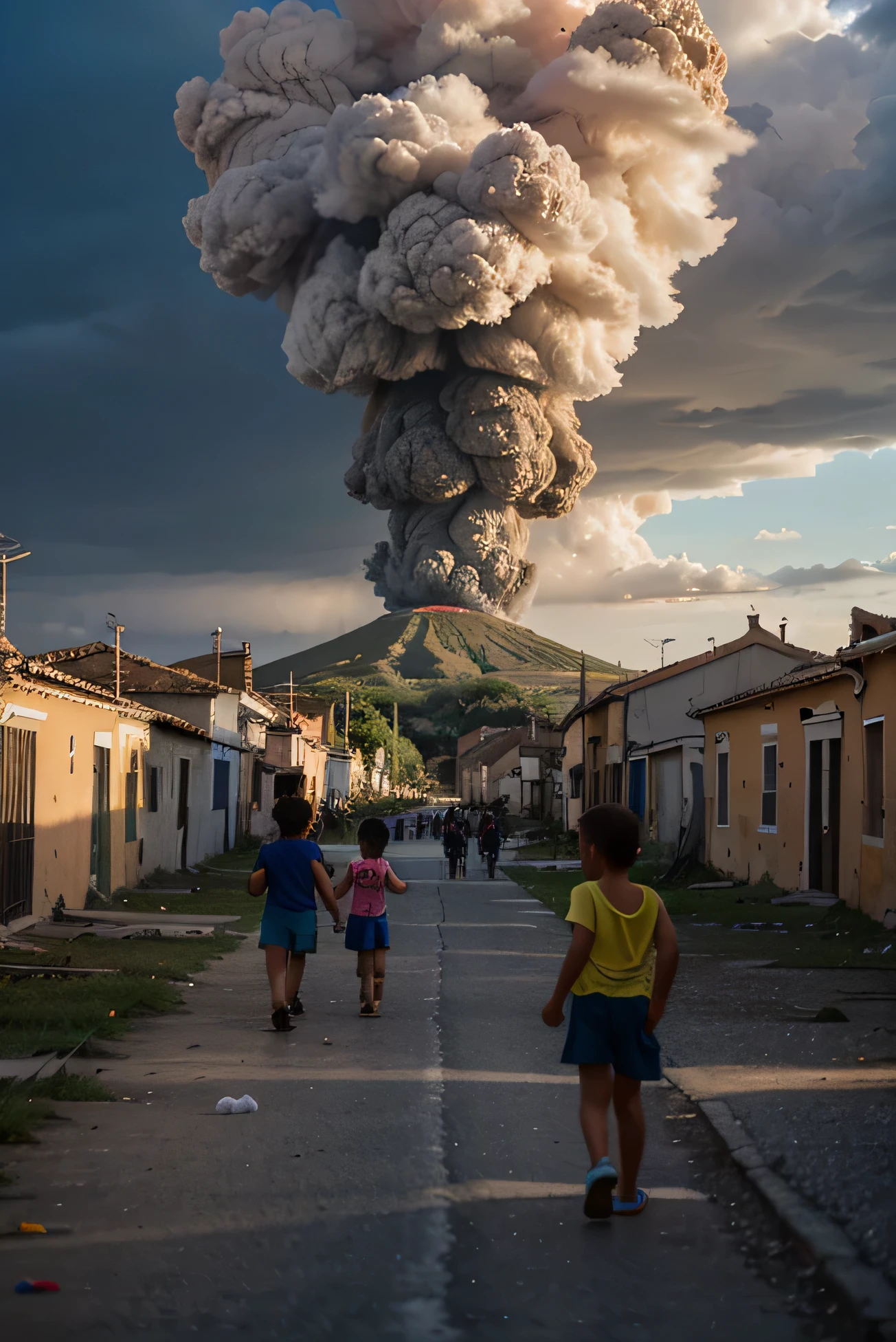 children playing with balloons playing, ,  a baloon in his hands walking a old ruins of a ancient town, black clouds on top of volcanic explosion, imagem do fim do mundo, muitos raios old ruinse, antiga cidade italiana, igreja destruida ao longewith vesuvio giant eruption, blow fire on top of Vesuvius,,piroclast flux descendo a montanha, rochas de lava voando, pessoas fugindo, electric rays , electrical storm coming out of the volcano, ruins, trash on the floor, children playing with balloons in their hands, dia sombrio,  ao longe nuvens negras , imagem sombria roman empireruins,cidade Velha, cidade destruida, alagada, "sapos", Herons, gaivotas, marsh birds, swamp vegetation, destroyed houses, ventania, hurricane,cores sombrias, agua revolta, 12k, iso 100 canon 800 mm 3.5 v4