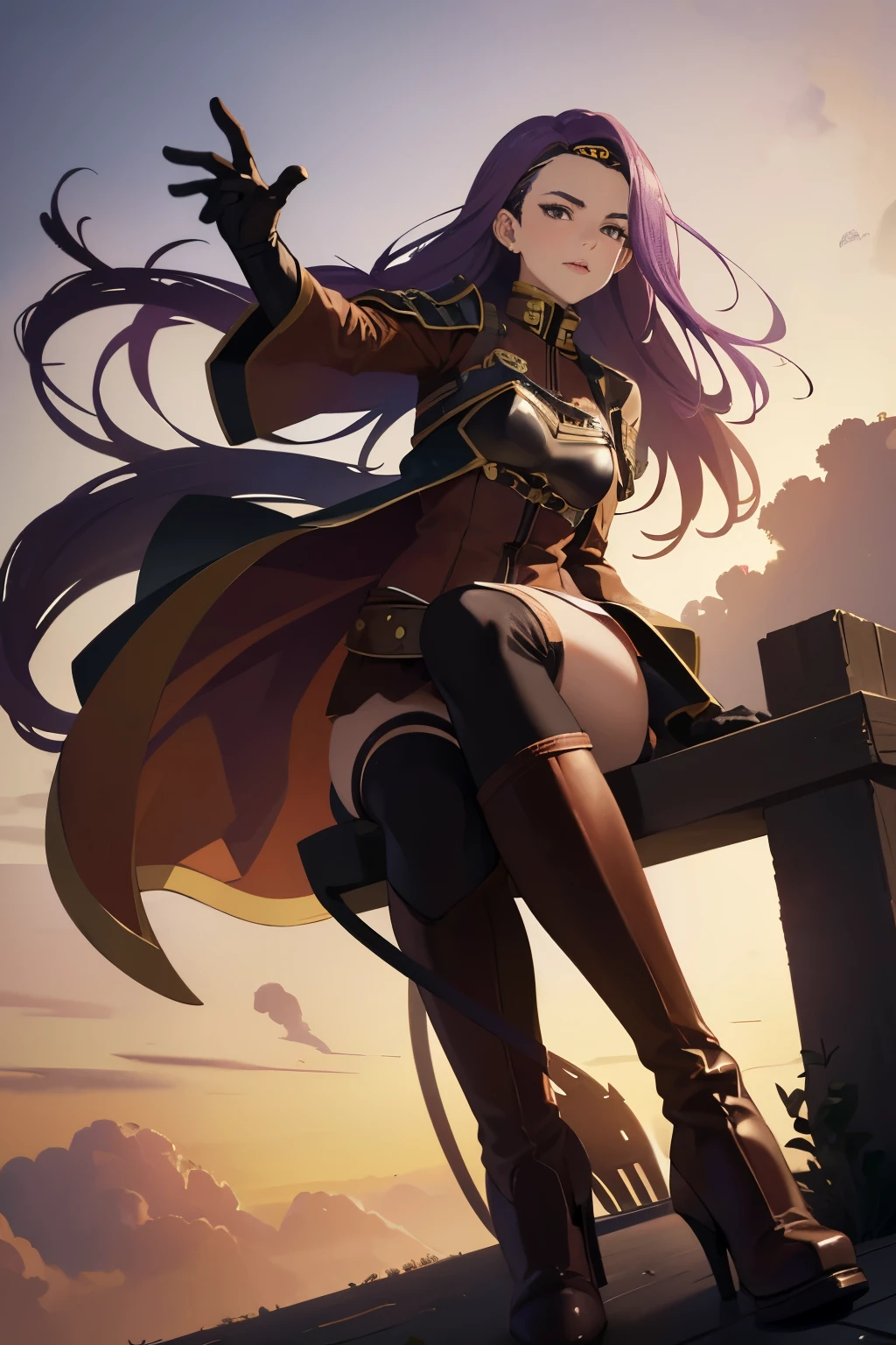 defsonya, purple hair, (((full body))), jodhpurs, riding pants, tight pants, (pants), beige pants riding coat, (((tailcoat))), red tailcoat, equestrian, equestrienne, ((riding crop)), (((brown leather thigh high boots))), (((brown leather thigh-high boots))), (((brown boots))), (((brown leather gloves))), ((opera gloves)), gloves, ((jockey)), heel being shown, using riding crop, ((stiletto heel)), pointy heel, ((sitting on saddle)), ((brown saddle)), ((riding saddle)), legs across saddle, sitting pretty,riding crop(5:1),sexy,anime(7:1),POV(3:1),1girl(5:1),busty,thin waist,high quality,best quality,racetrack,grassy field,race track,boot worship(3:1),horse race track,anime milf,mature anime woman,boot fetish(3:1),white pants,anime style,solo,anime face(3:1),looking at viewer,looking at camera,purple hair,femdom[2:1],fullbody(3:1),tan pants,pants,small nose,anime nose(3:1),no nose,full body view,beige pants,looking down at viewer(4:1),foreshortening,beige_pants,beige riding pants,white riding pants,looking down,pov eye contact,presenting boot,pointing sole of boot at camera,from below(3:1),viewed from below,anime style,anime(5:1),whip,fully clothed,wearing pants,cream pants,tights,leggings,white tights,cream tights