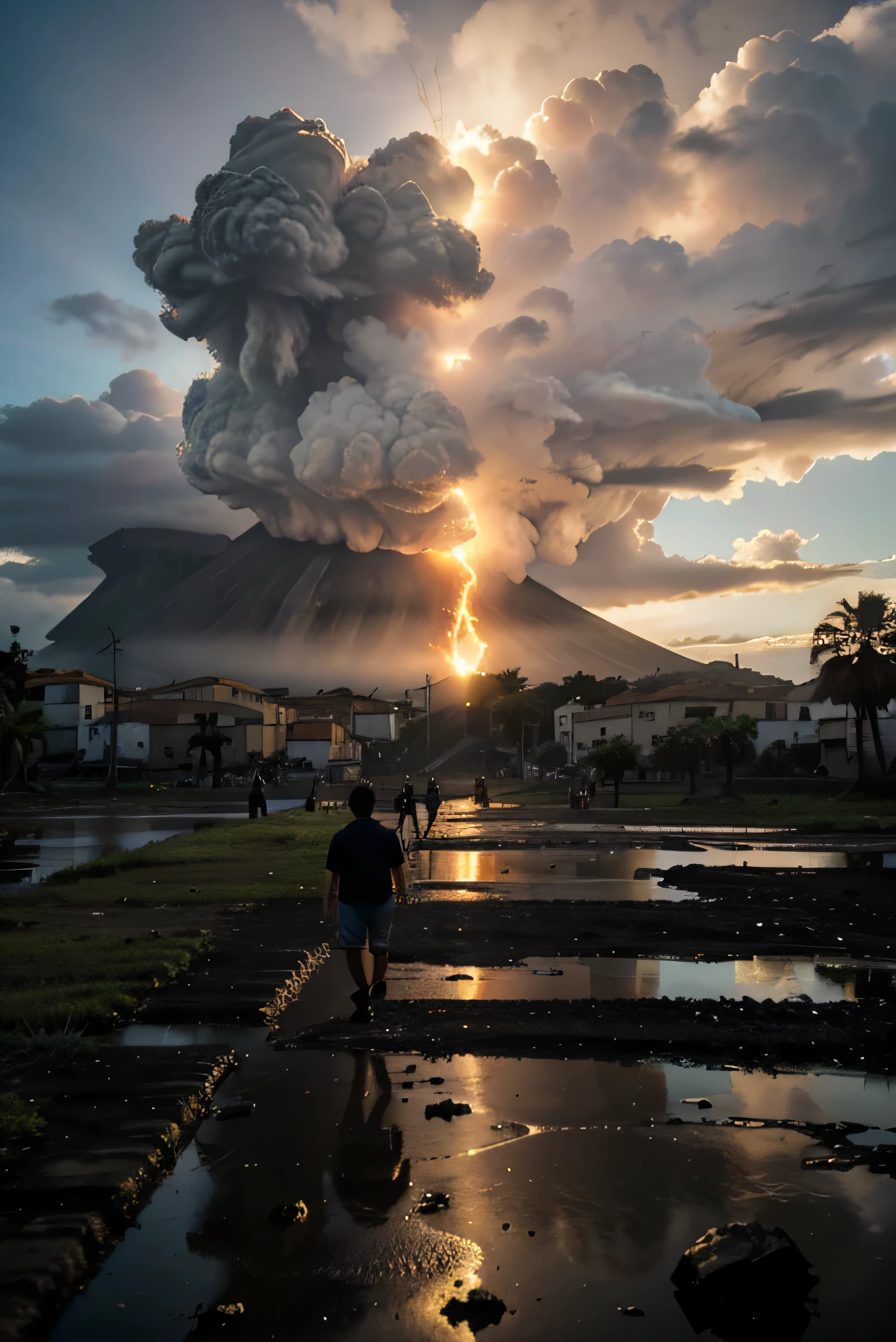 jogo , Brincando, , a baloon in his hands walking a old ruins of a ancient town, velha veneza, antiga cidade italiana, with giant eruption of Vesuvius, blow fire on top of Vesuvius,,piroclast flux descendo a montanha, rochas de lava voando, pessoas fugindo, electric rays , electrical storm coming out of the volcano, ruins, trash on the floor, pessoas fufindo ao longe balck clouds , imagem sombria roman empireruins,cidade Velha, cidade destruida, alagada, "sapos", Herons, gaivotas, marsh birds, swamp vegetation, destroyed houses, ventania, hurricane,cores sombrias, agua revolta, 12k, iso 100 canon 10-22 3.5 v4
