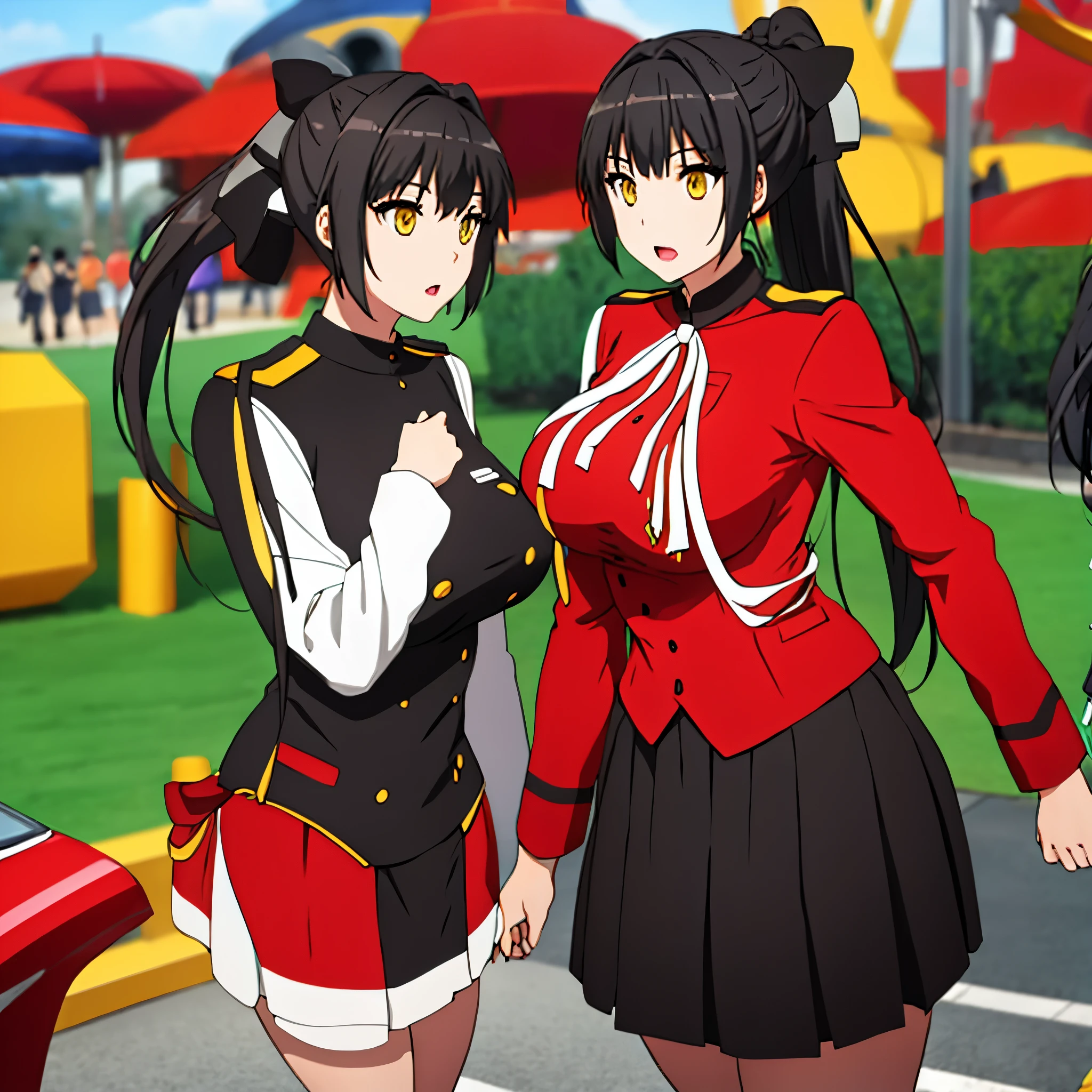 a woman with tied black hair, yellow eyes, ponytail hair, wearing red military uniform short black skirt, in an amusement park
