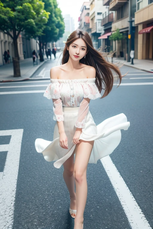8k，master piece、high quality、super detailed、clean face，（best quality）， beautiful girl：1.5、((off shoulder))，fluttering skirt、long flowing hair，street，Don't look at the viewer