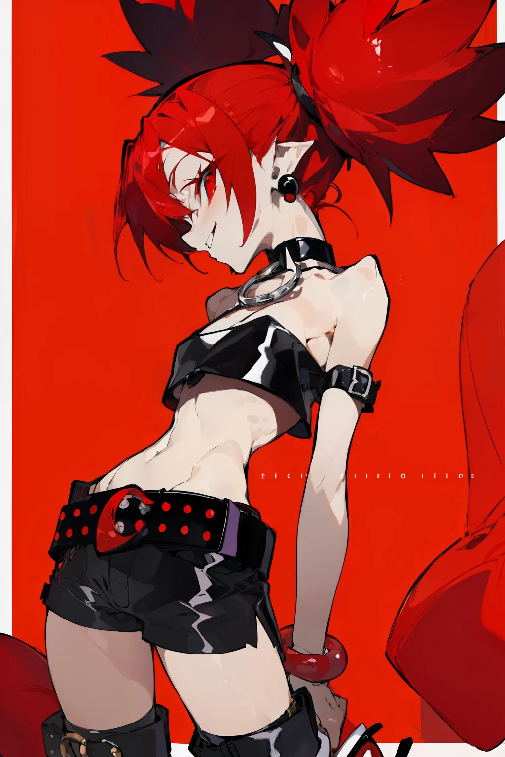 (highest quality、masterpiece:1.2) profile、Etna, red hair twintails、red eyes,devil、tall、long limbs、(Ferocious look、vulgar smile), (black tube top,black hot pants、choker、earrings、belt)