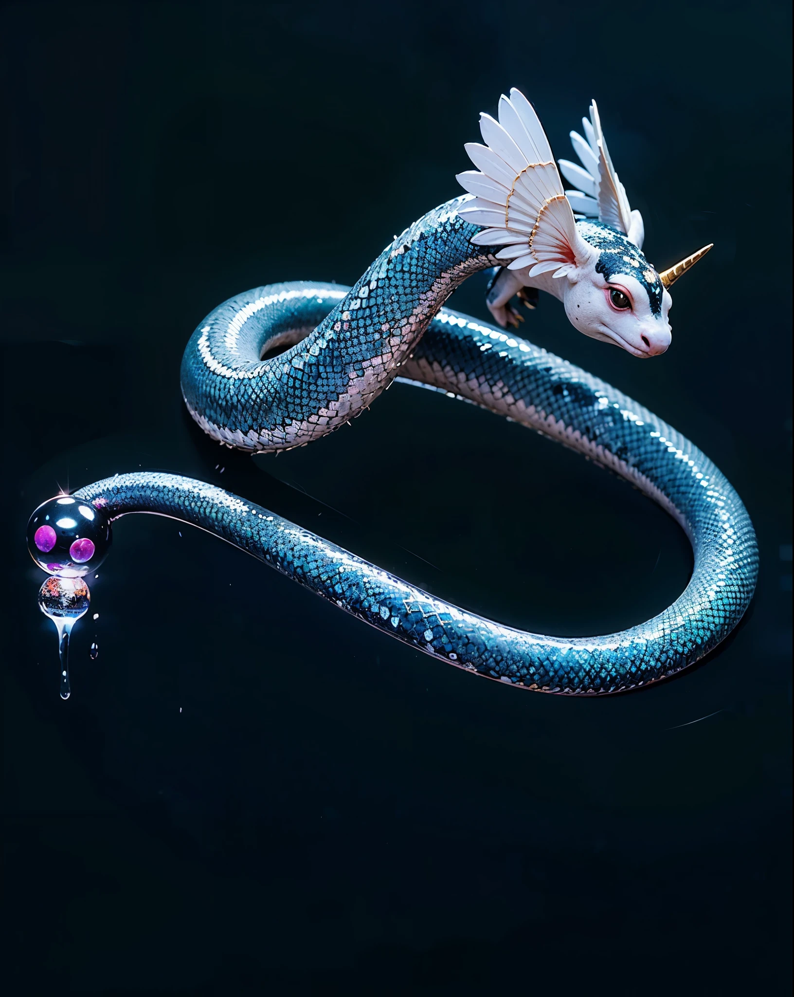 A cute blue snake, with white wings on its head and unicorn horn, red eyes. snake head. There are two purple crystal balls at the end of its tail and one on its neck. The background is black.