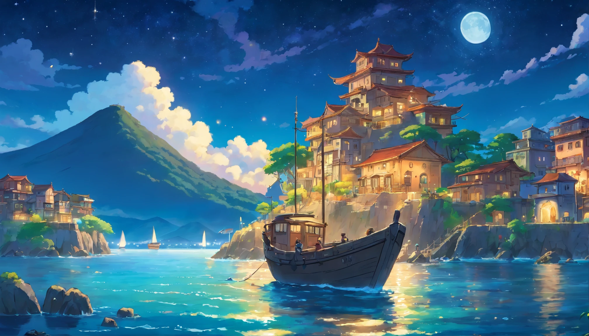 starry sky, full moon, island city, tropical, italian stone architecture, fishing boat, pre-industrial