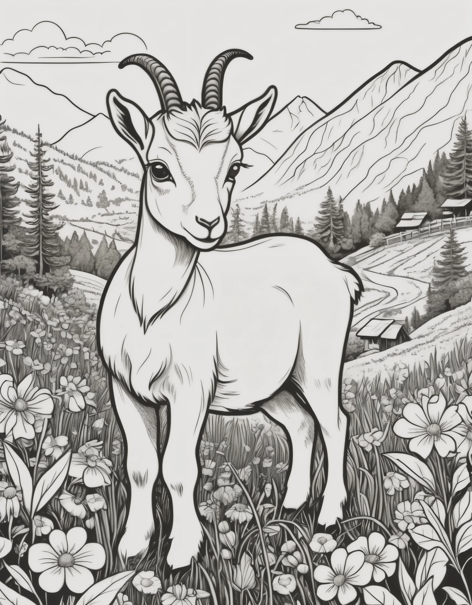 A highly detailed and hyper-detailed 8K drawing of a cute baby goat, hyper-detailed of its two cute eyes, a pasture, and Baiyun in a forest, in the background with mountains, draw a line, black outlines, and a Pixar style for a coloring book
Detailed background of meadows, wildflowers,
ColoringBookAF, coloring books on blank white background, Redmond coloring book