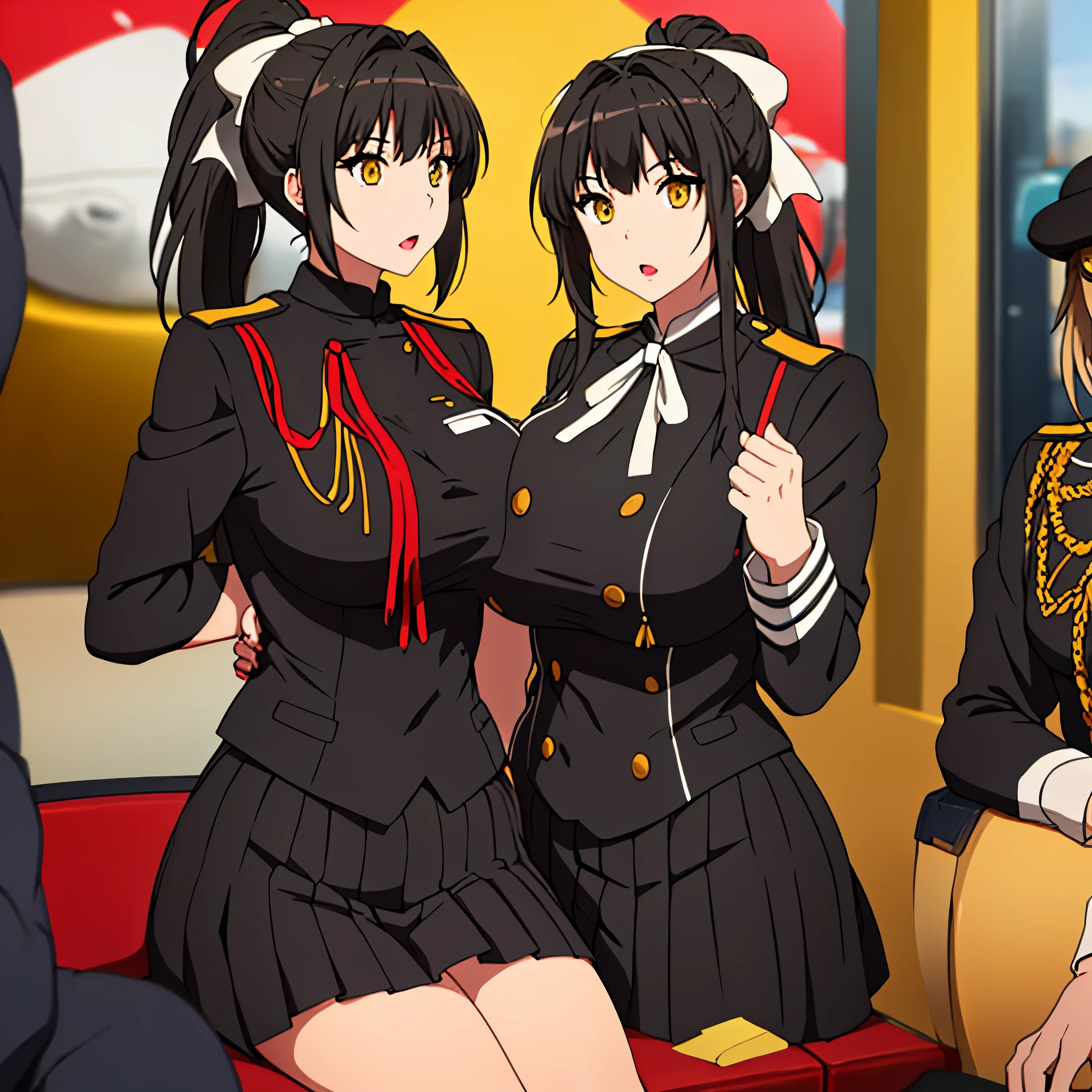 a woman with tied black hair, yellow eyes, ponytail hair, wearing red military uniform short black skirt, in an amusement park
