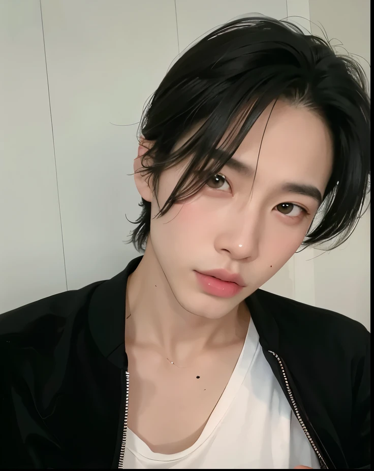 Arafed Asian man with a black jacket and white shirt, Cai Xukun, Sakimichan, cute japanese demon boy, taken at the beginning of 2020, hyung tae, Hsiao-ron, sui ishida com cabelo preto, De mim, tsurumaki kazuya, handsome androgynous prince, fotografia selfie 8k