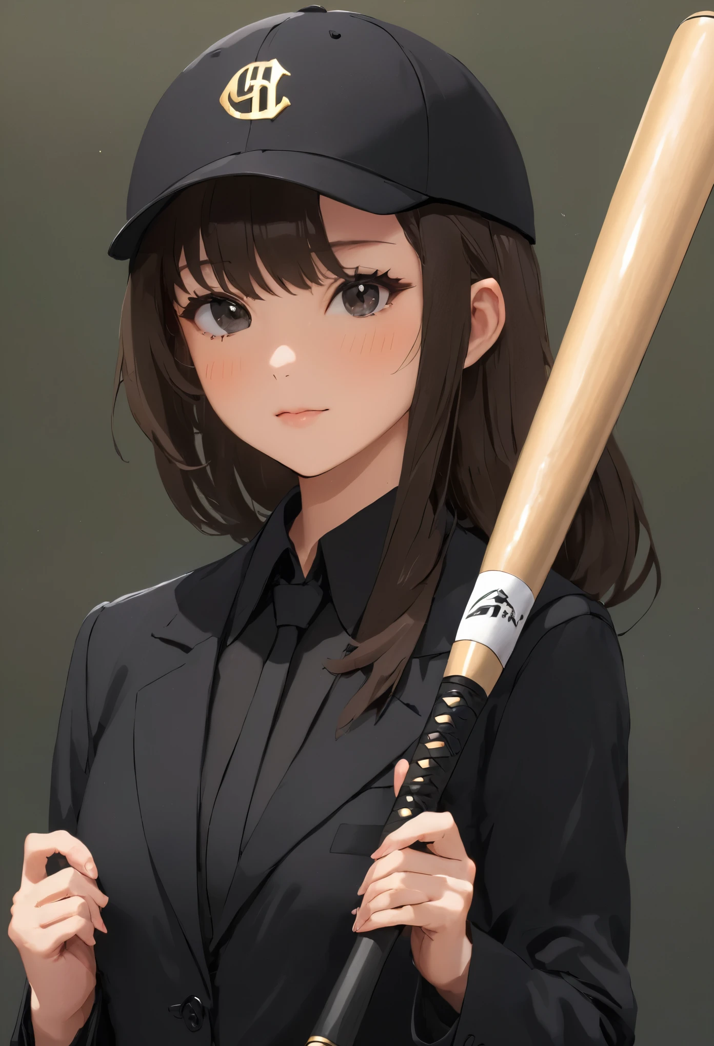 a girl holding a steel luxury baseball bat, she is using a black suit