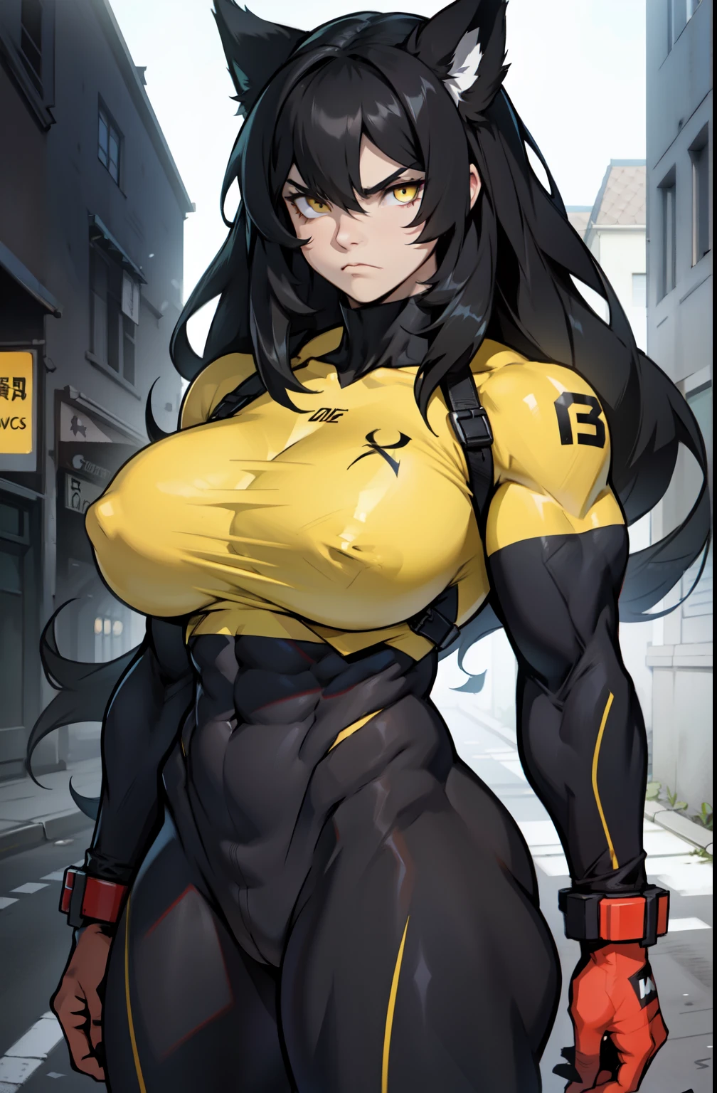 huge hair huge muscles girl frown pale skin black hair yellow eyes